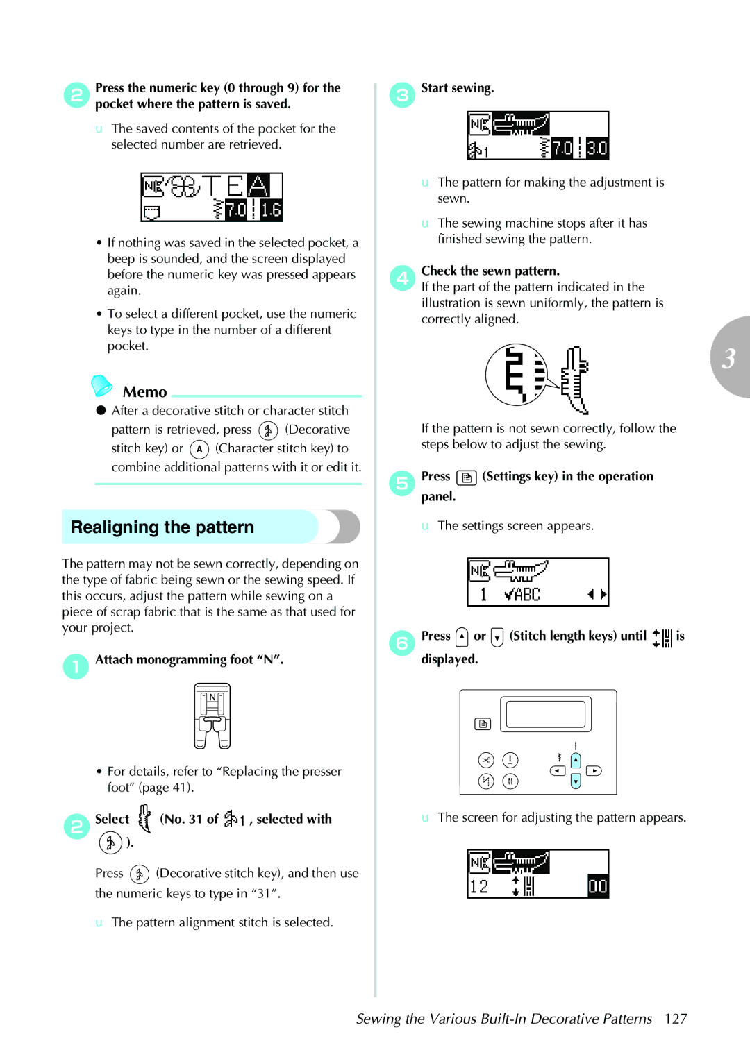 Brother NX-450, N5V operation manual Realigning the pattern, BSelect, Check the sewn pattern 