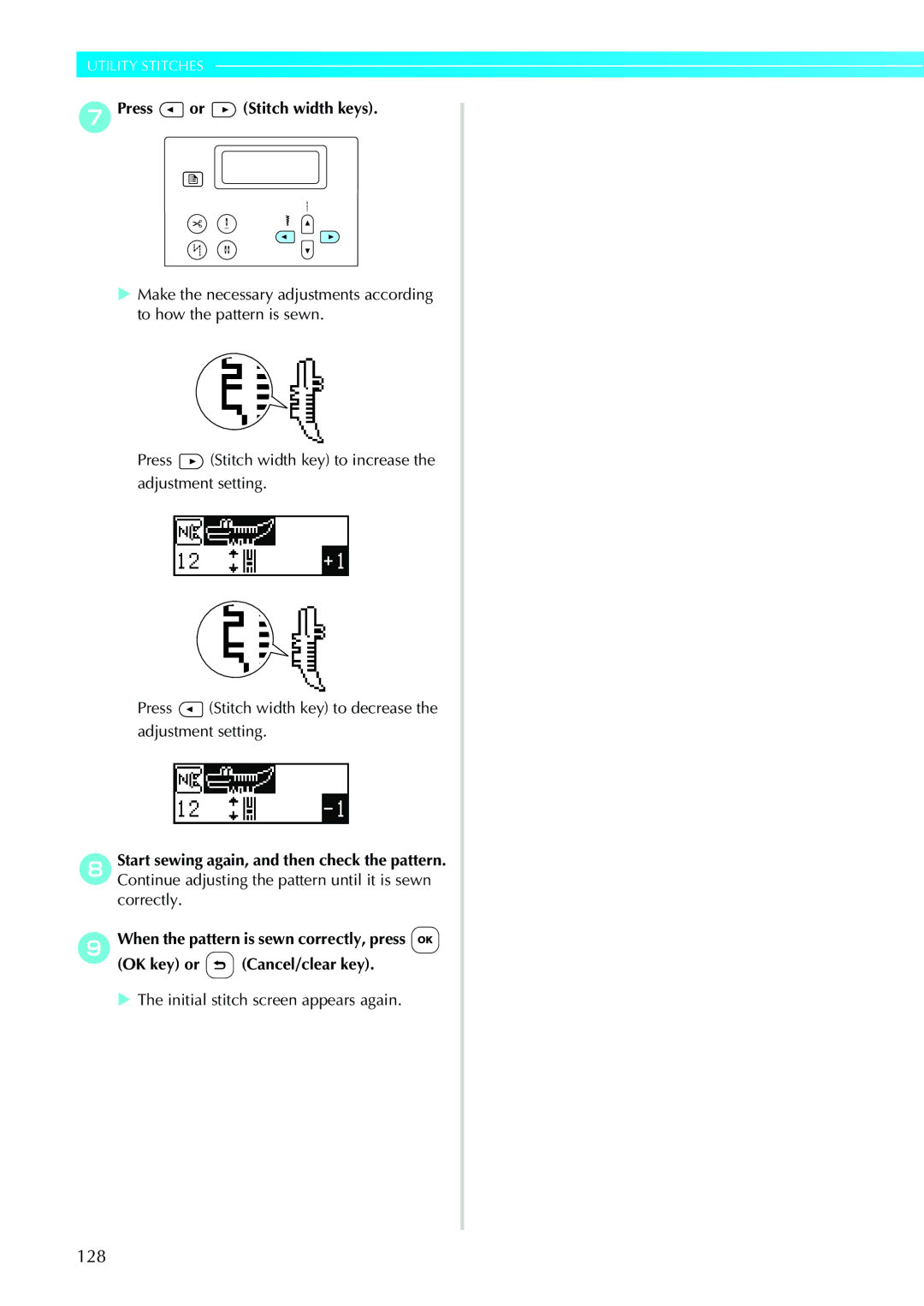 Brother N5V, NX-450 operation manual 128, GPress or Stitch width keys 