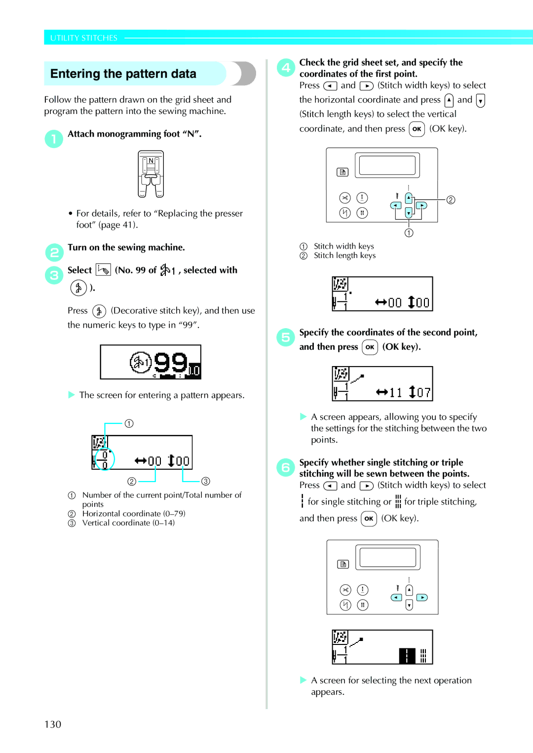 Brother N5V, NX-450 Entering the pattern data, 130, BTurn on the sewing machine CSelect No of , selected with 