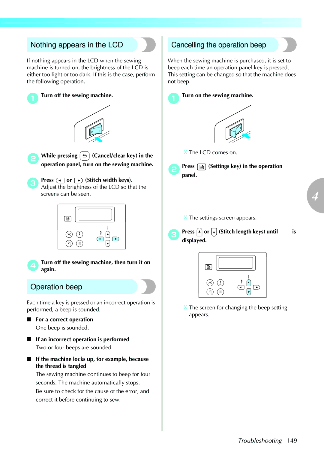 Brother NX-450, N5V operation manual Nothing appears in the LCD, Operation beep, Cancelling the operation beep 