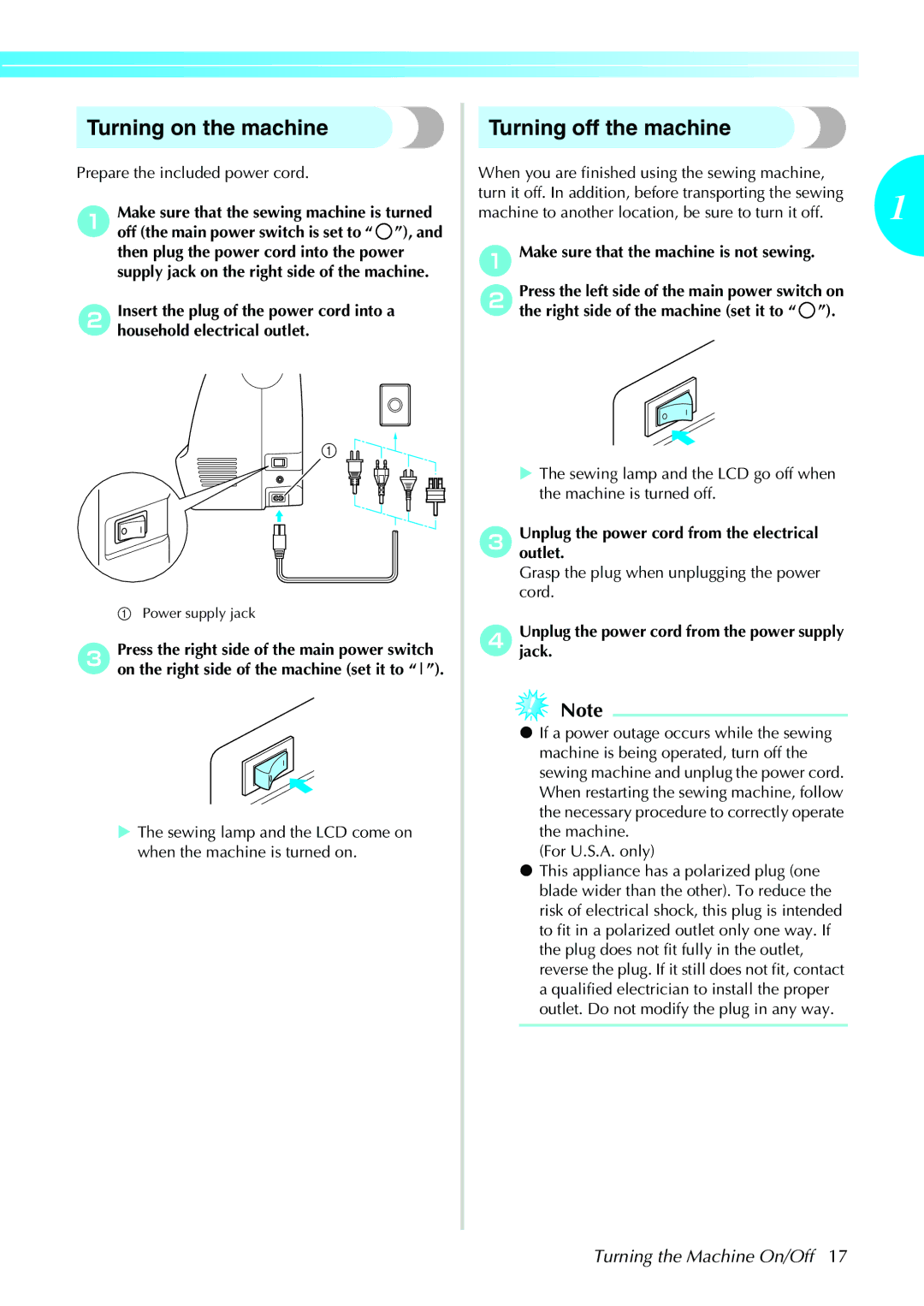 Brother NX-450, N5V Turning on the machine, Turning off the machine, Make sure that the machine is not sewing 