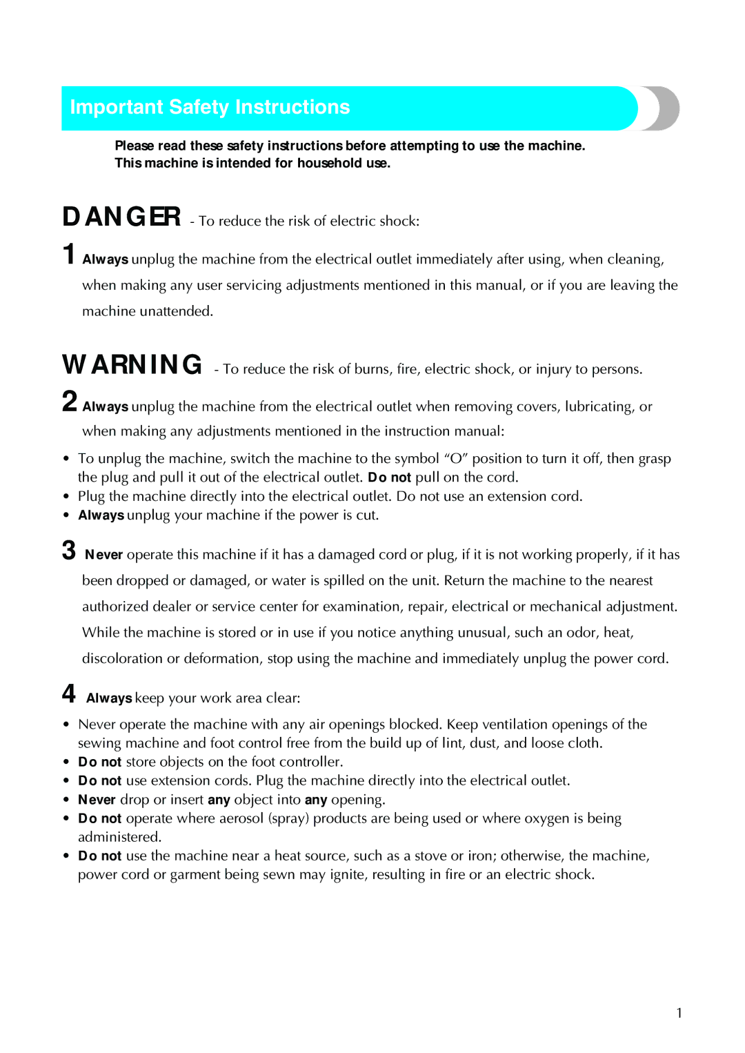 Brother NX-450, N5V operation manual Important Safety Instructions 