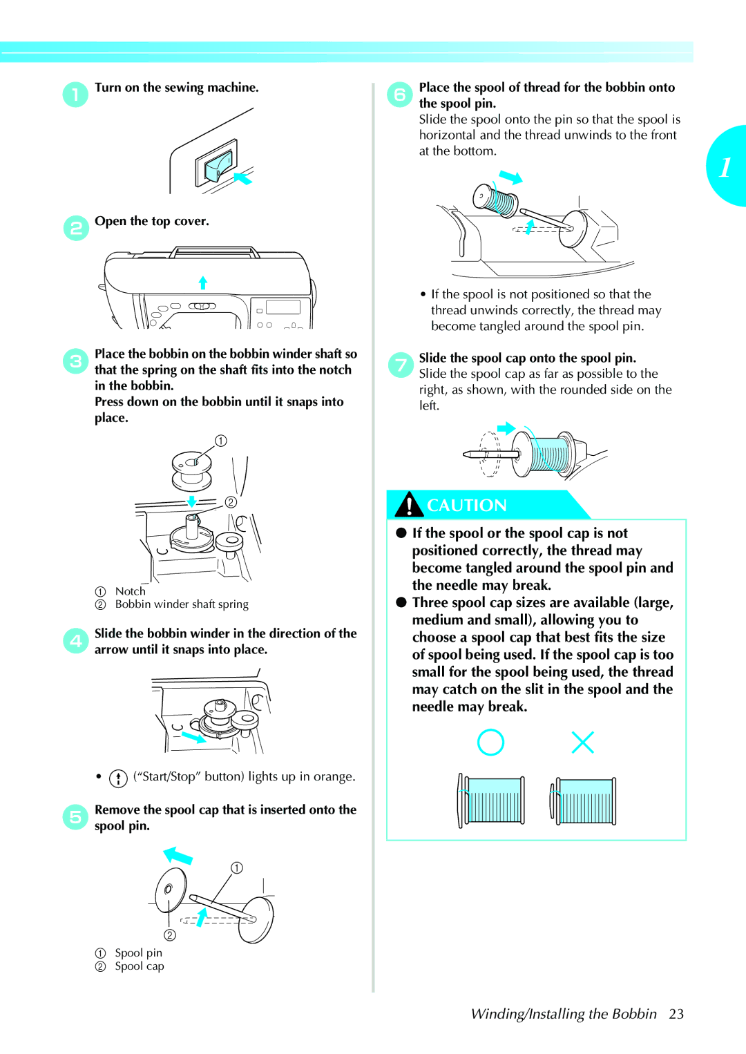 Brother NX-450, N5V operation manual Place the spool of thread for the bobbin onto the spool pin 