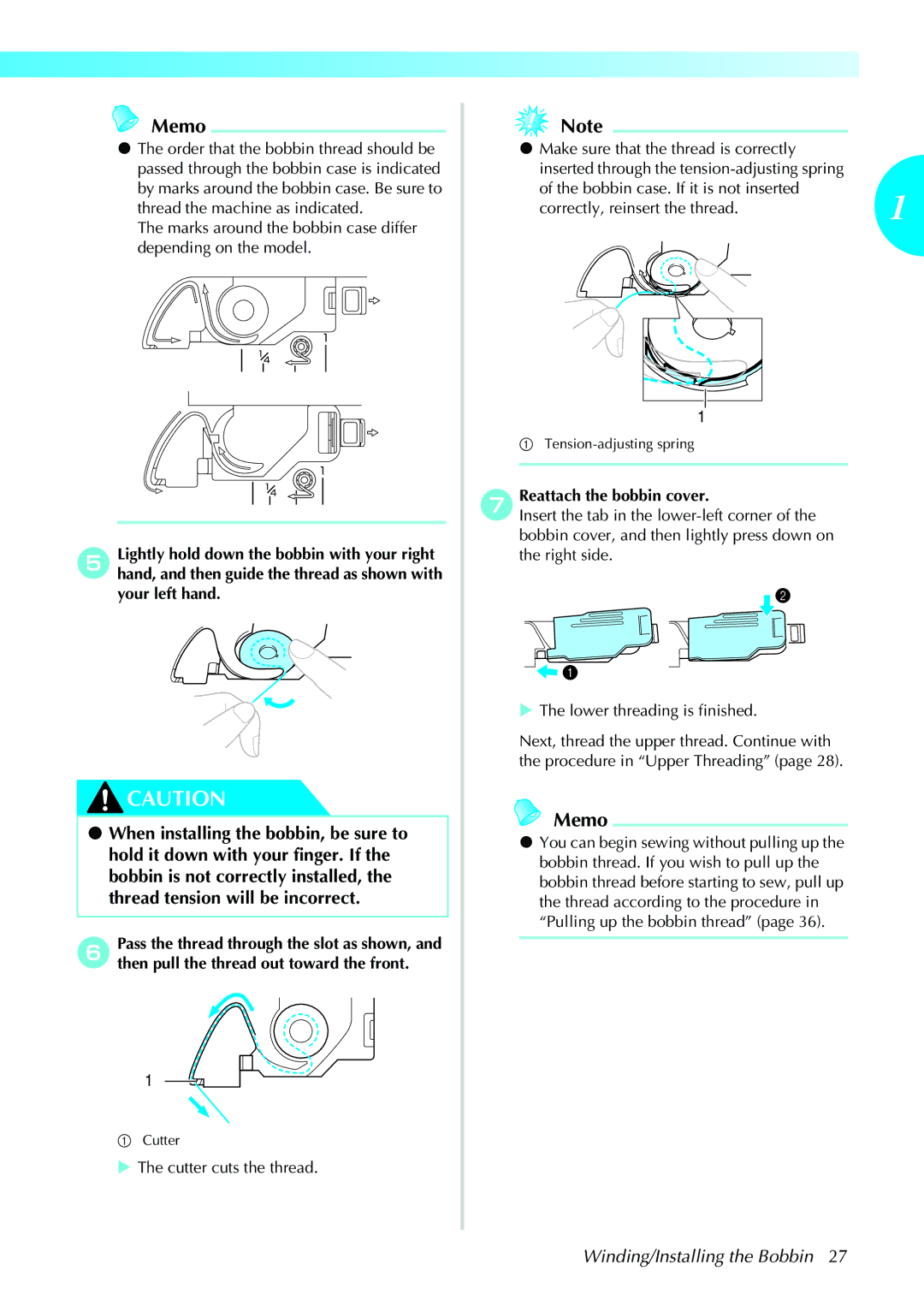 Brother NX-450, N5V operation manual Correctly, reinsert the thread, GReattach the bobbin cover 