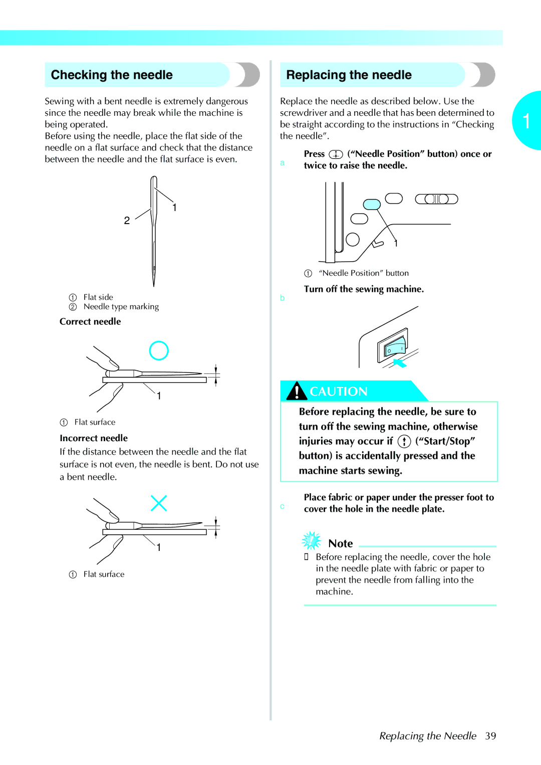 Brother NX-450, N5V operation manual Checking the needle, Replacing the needle, Correct needle, Incorrect needle 