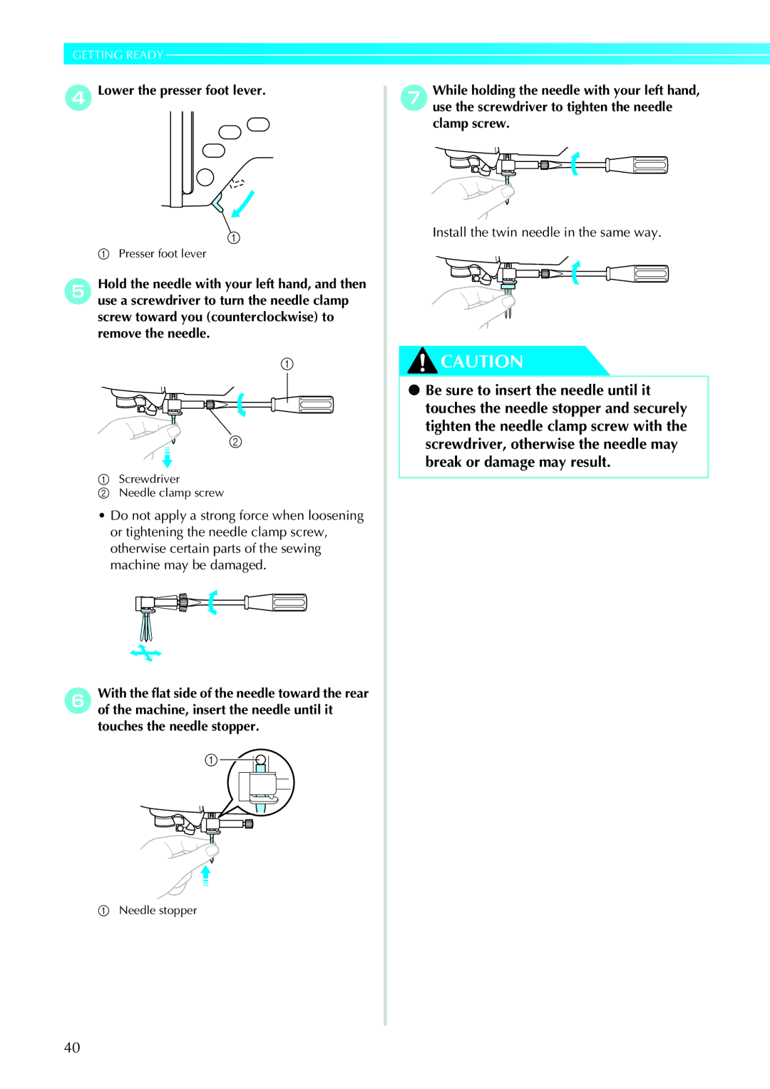 Brother N5V, NX-450 operation manual DLower the presser foot lever 