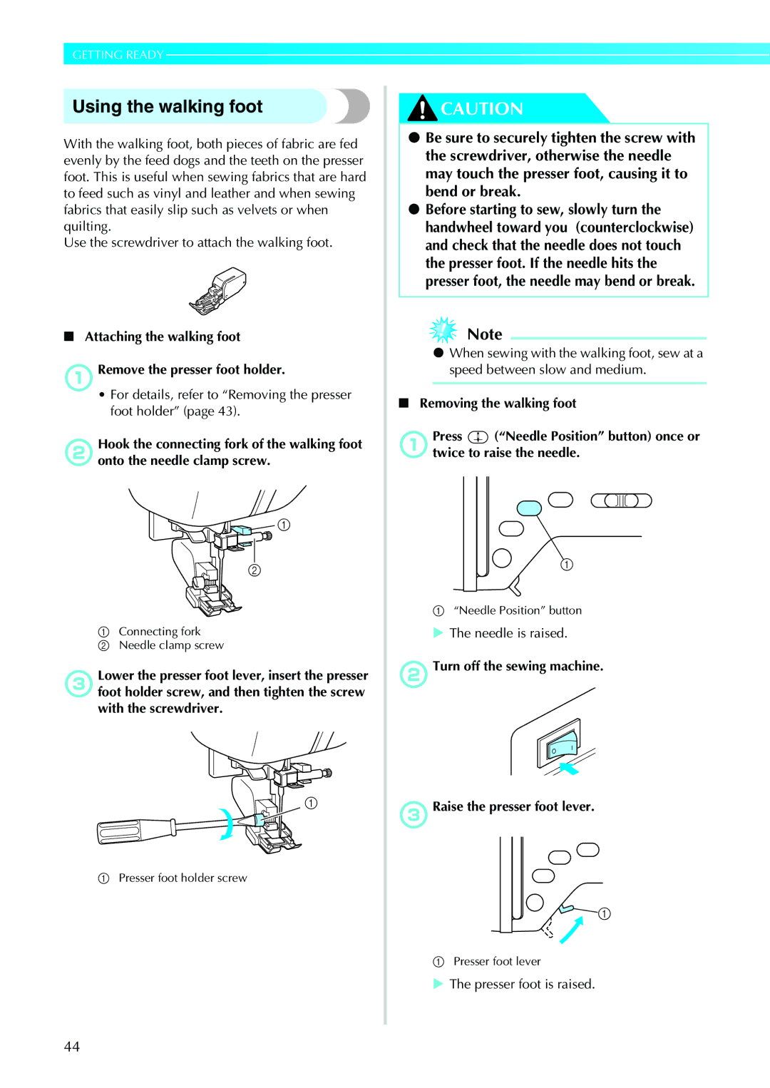 Brother N5V, NX-450 operation manual Using the walking foot, Attaching the walking foot ARemove the presser foot holder 