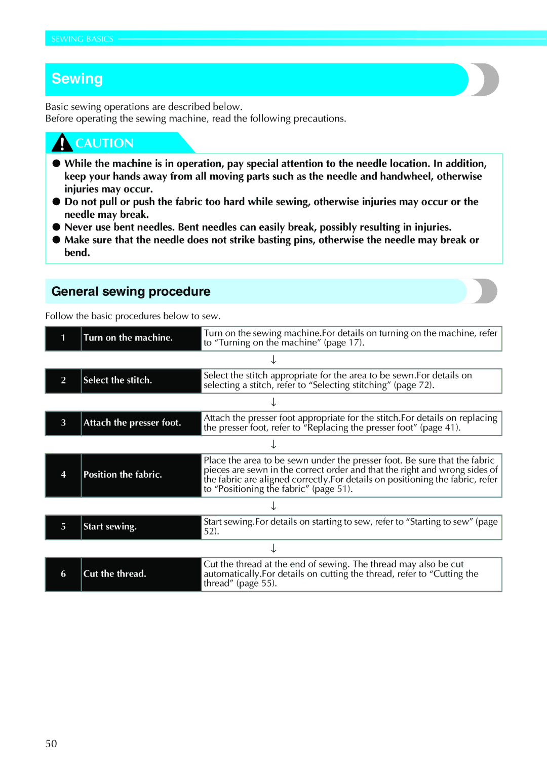 Brother N5V, NX-450 operation manual Sewing, General sewing procedure 