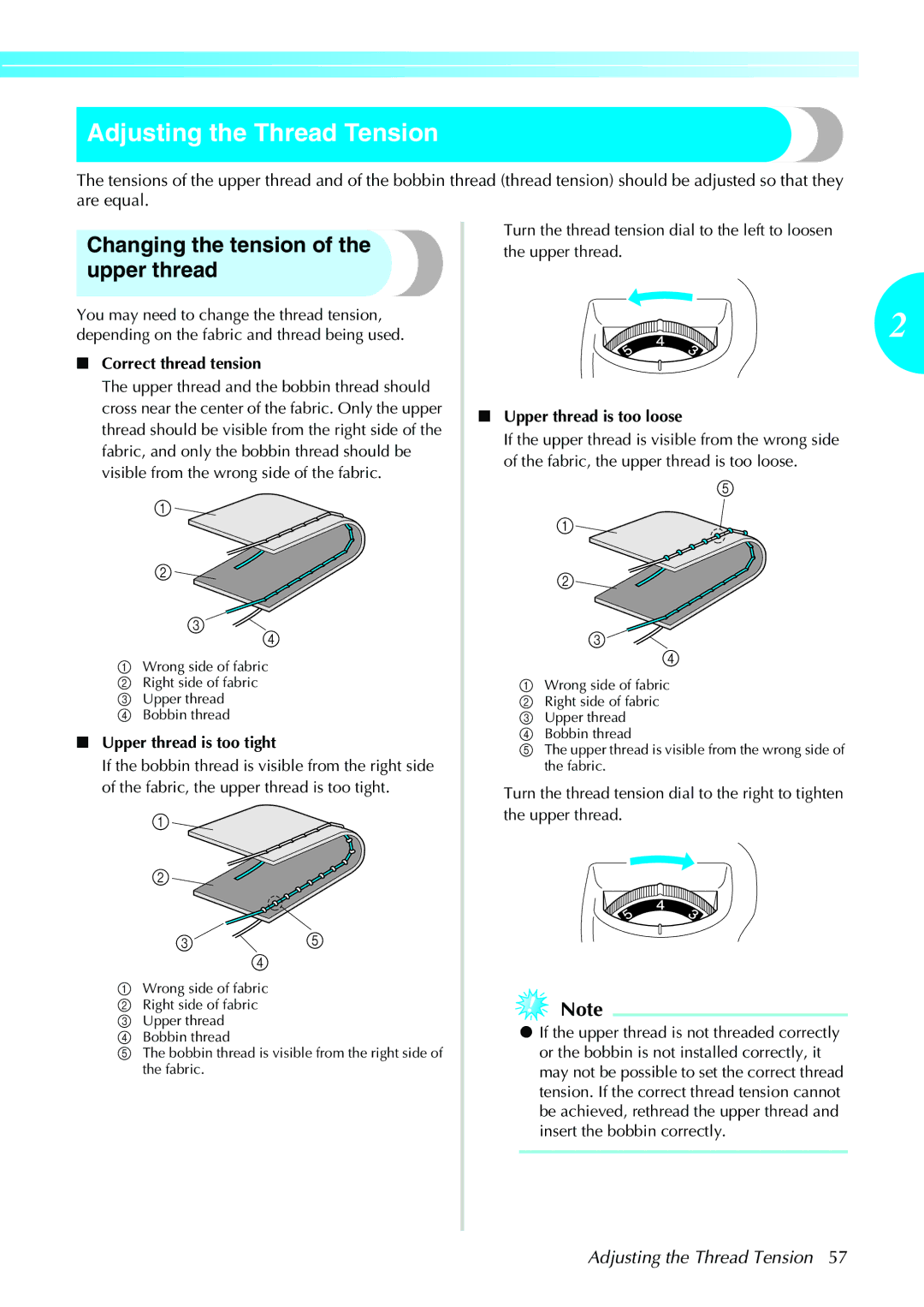 Brother NX-450, N5V Adjusting the Thread Tension, Changing the tension of the upper thread, Correct thread tension 