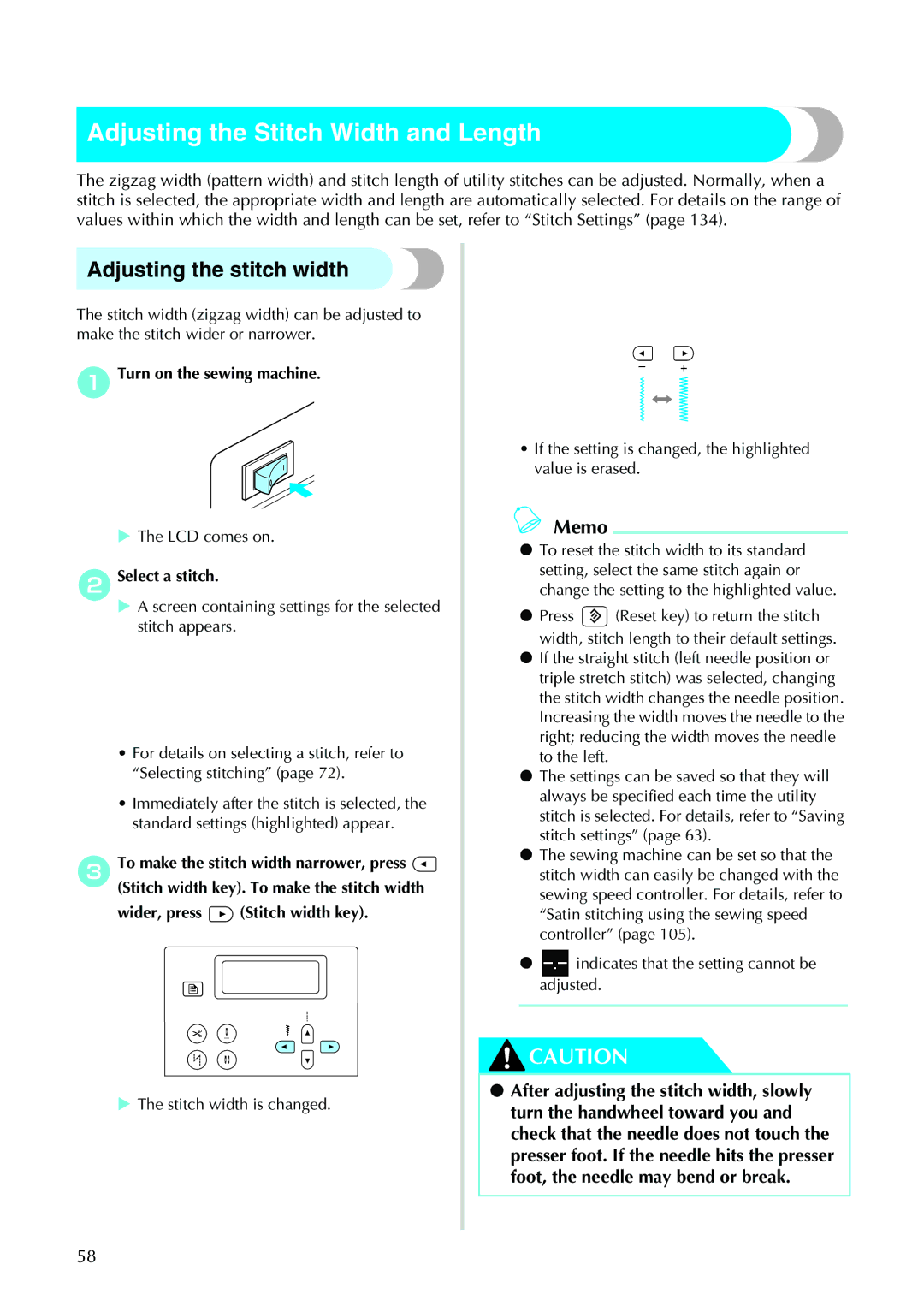 Brother N5V, NX-450 operation manual Adjusting the Stitch Width and Length, Adjusting the stitch width, BSelect a stitch 