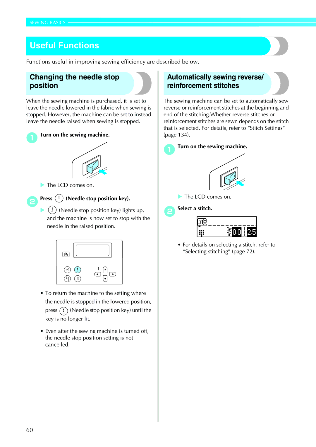 Brother N5V, NX-450 operation manual Useful Functions, Changing the needle stop position, BPress Needle stop position key 