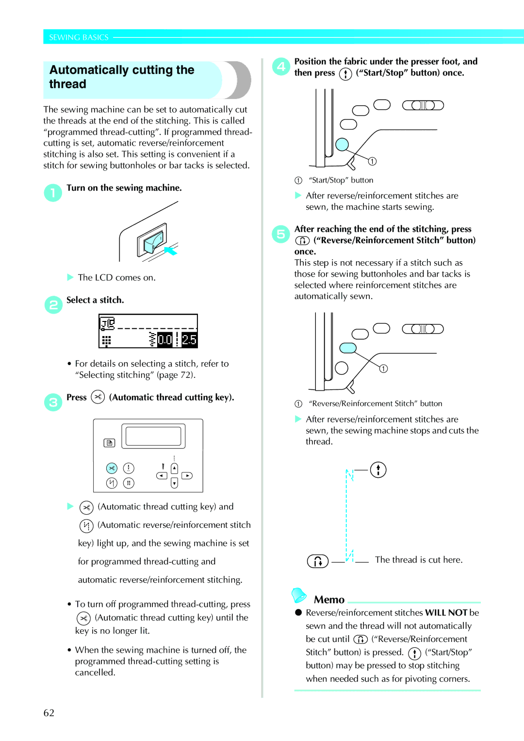 Brother N5V, NX-450 operation manual Automatically cutting the thread, CPress Automatic thread cutting key 