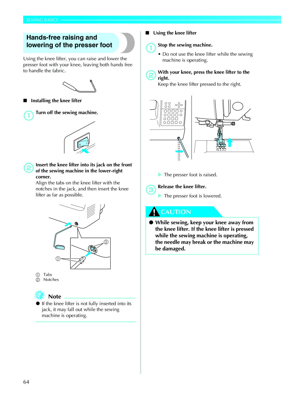 Brother N5V, NX-450 operation manual Hands-free raising Lowering of the presser foot 