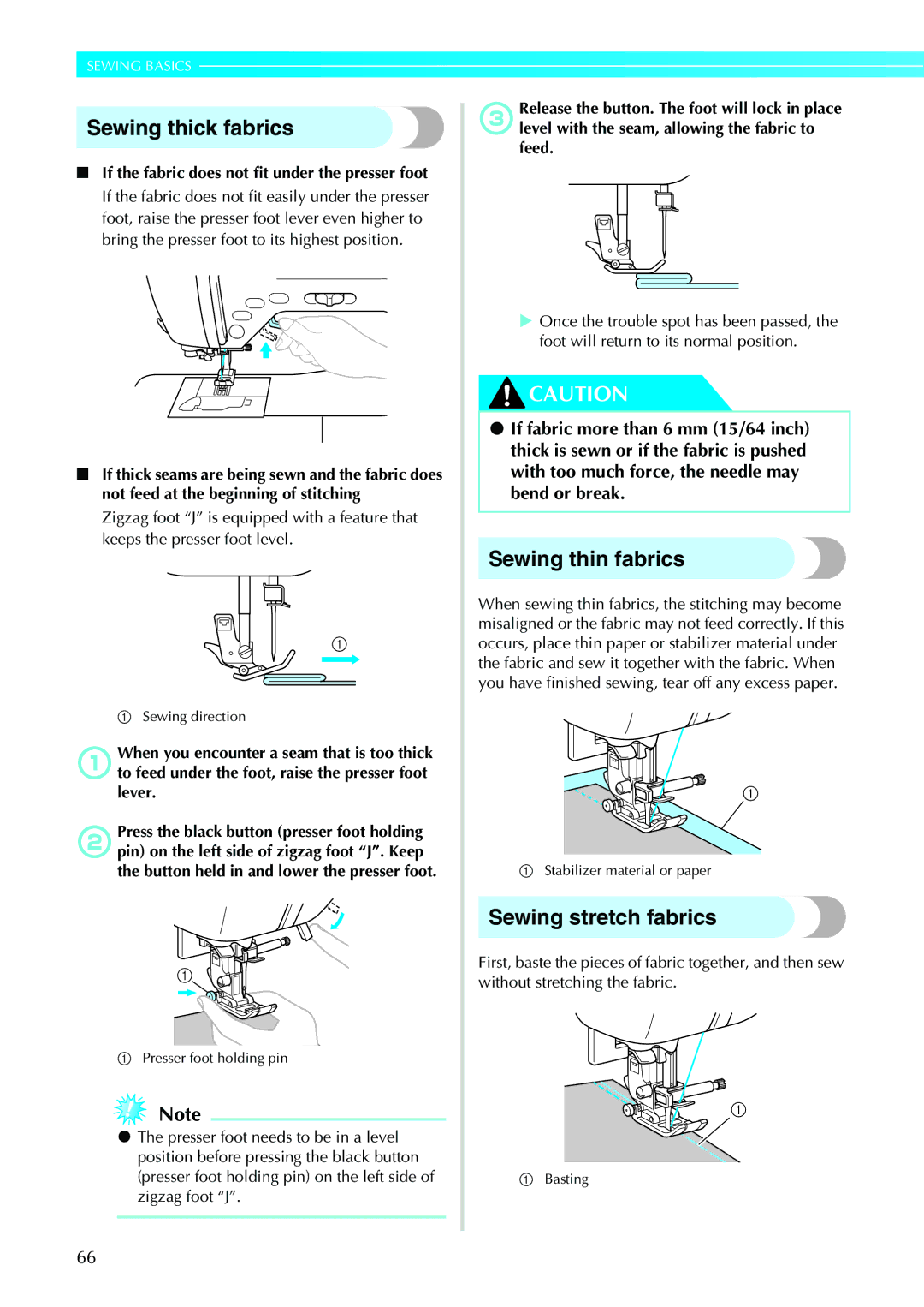 Brother N5V, NX-450 operation manual Sewing thick fabrics, Sewing thin fabrics, Sewing stretch fabrics 