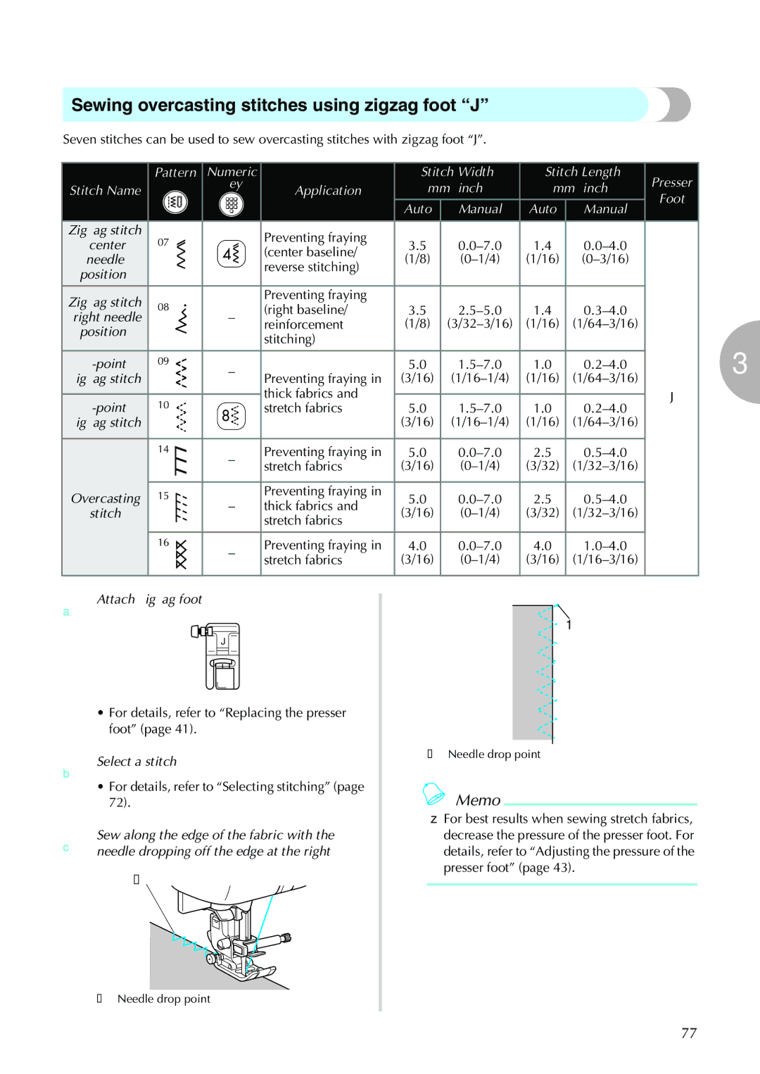 Brother NX-450, N5V operation manual Sewing overcasting stitches using zigzag foot J, Attach zigzag foot J 