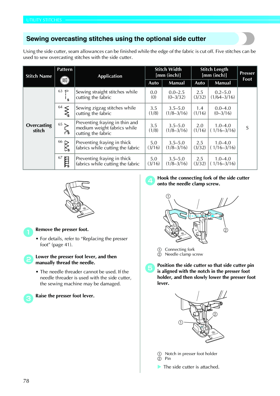 Brother N5V, NX-450 operation manual Sewing overcasting stitches using the optional side cutter, Remove the presser foot 