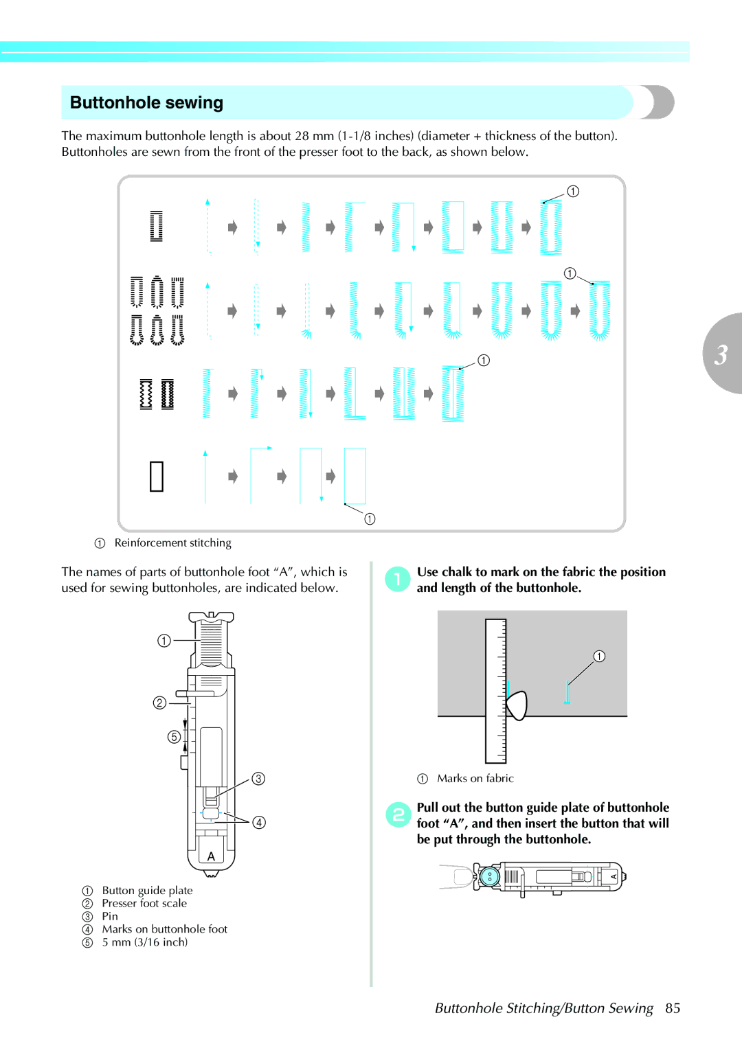 Brother NX-450, N5V operation manual Buttonhole sewing, Buttonhole Stitching/Button Sewing 