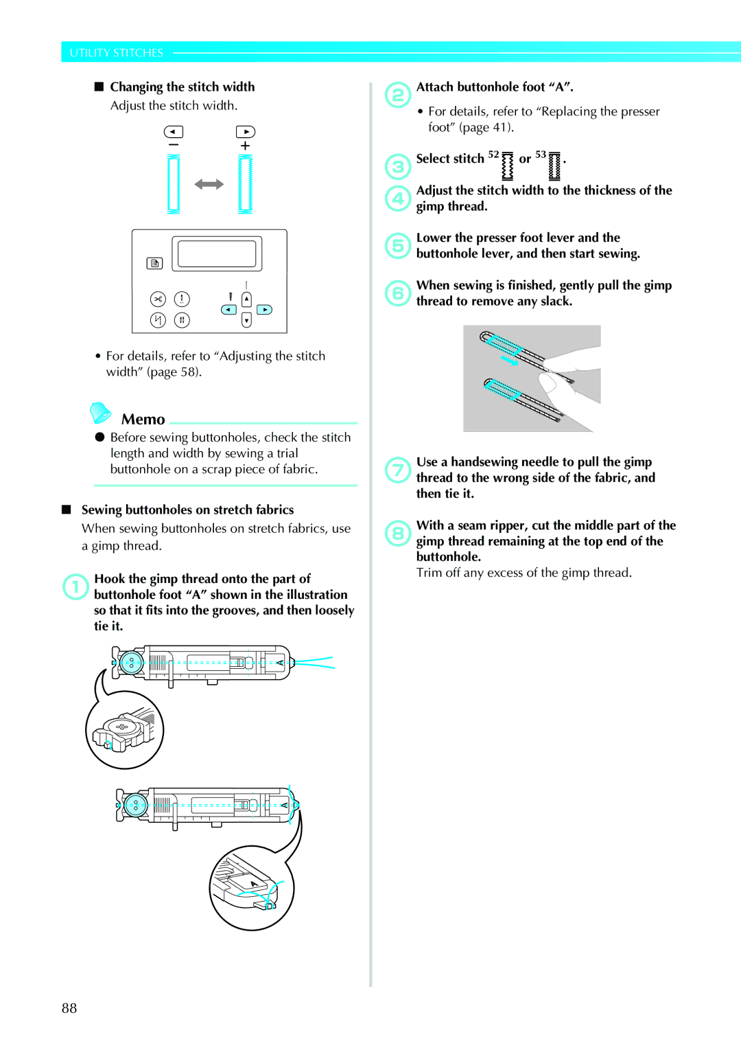 Brother N5V, NX-450 operation manual Sewing buttonholes on stretch fabrics 