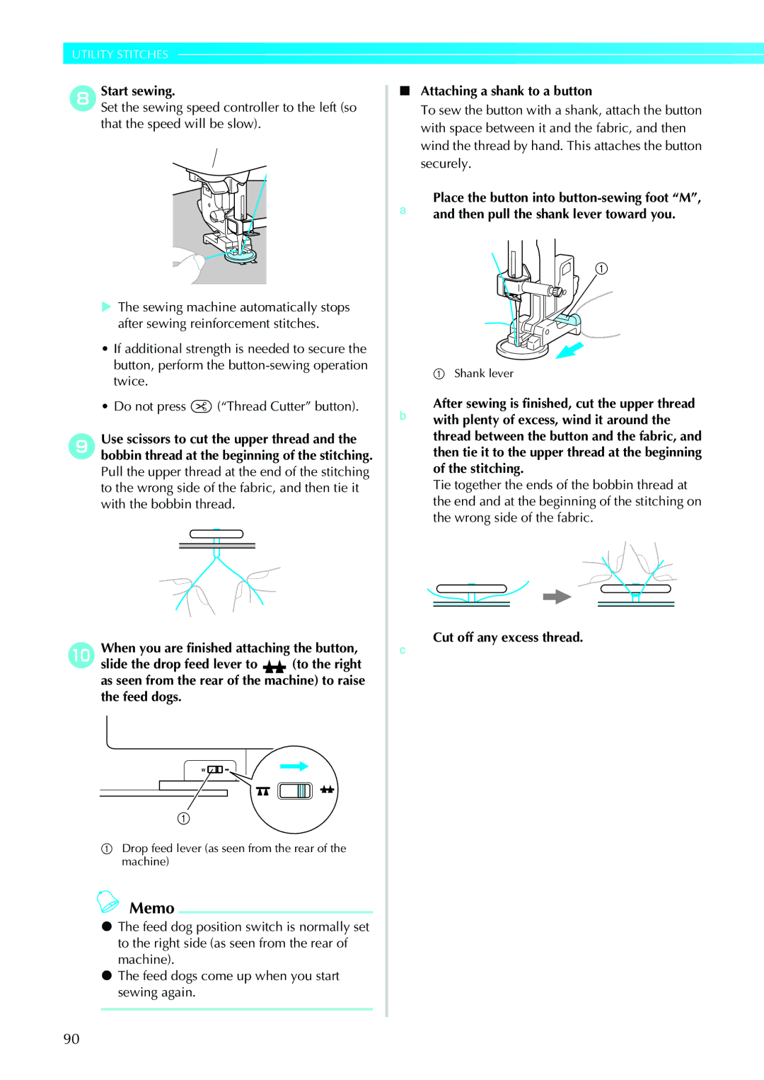 Brother N5V, NX-450 operation manual Attaching a shank to a button, CCut off any excess thread 