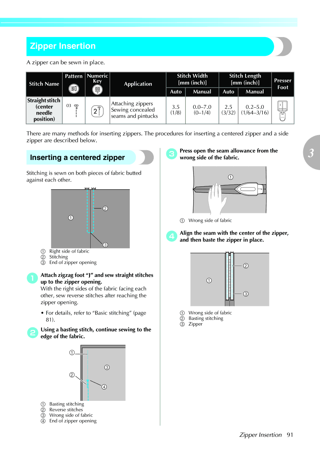 Brother NX-450, N5V operation manual Zipper Insertion, Inserting a centered zipper, Zipper can be sewn in place 