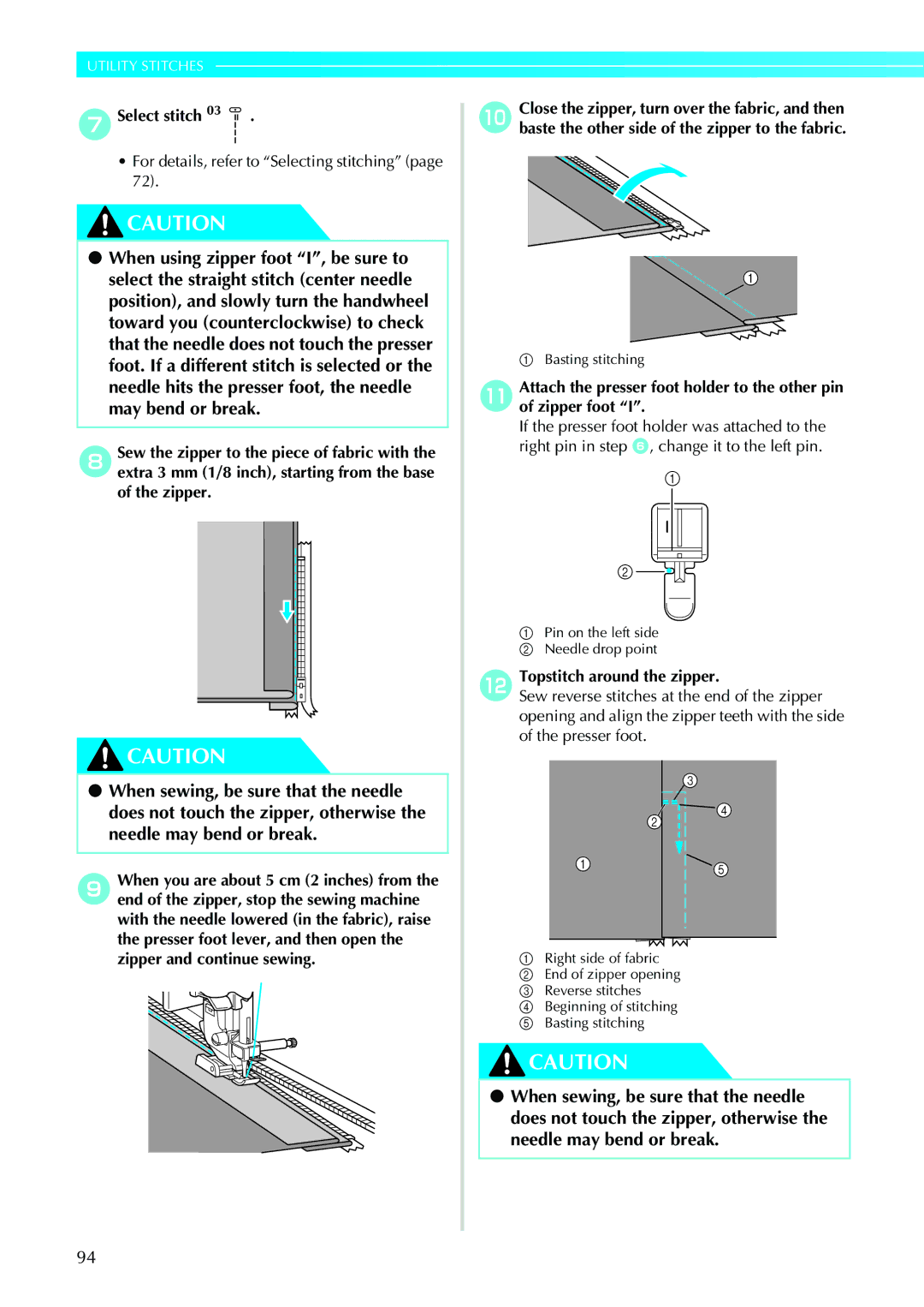 Brother N5V, NX-450 operation manual GSelect stitch, Topstitch around the zipper 