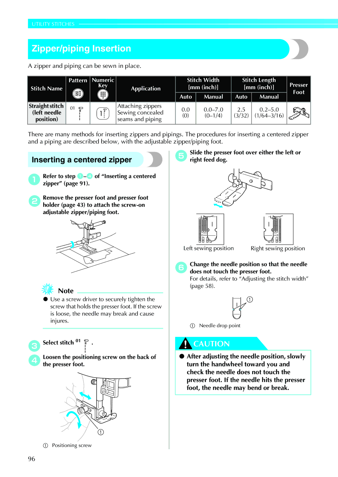 Brother N5V, NX-450 operation manual Zipper/piping Insertion, Zipper and piping can be sewn in place 