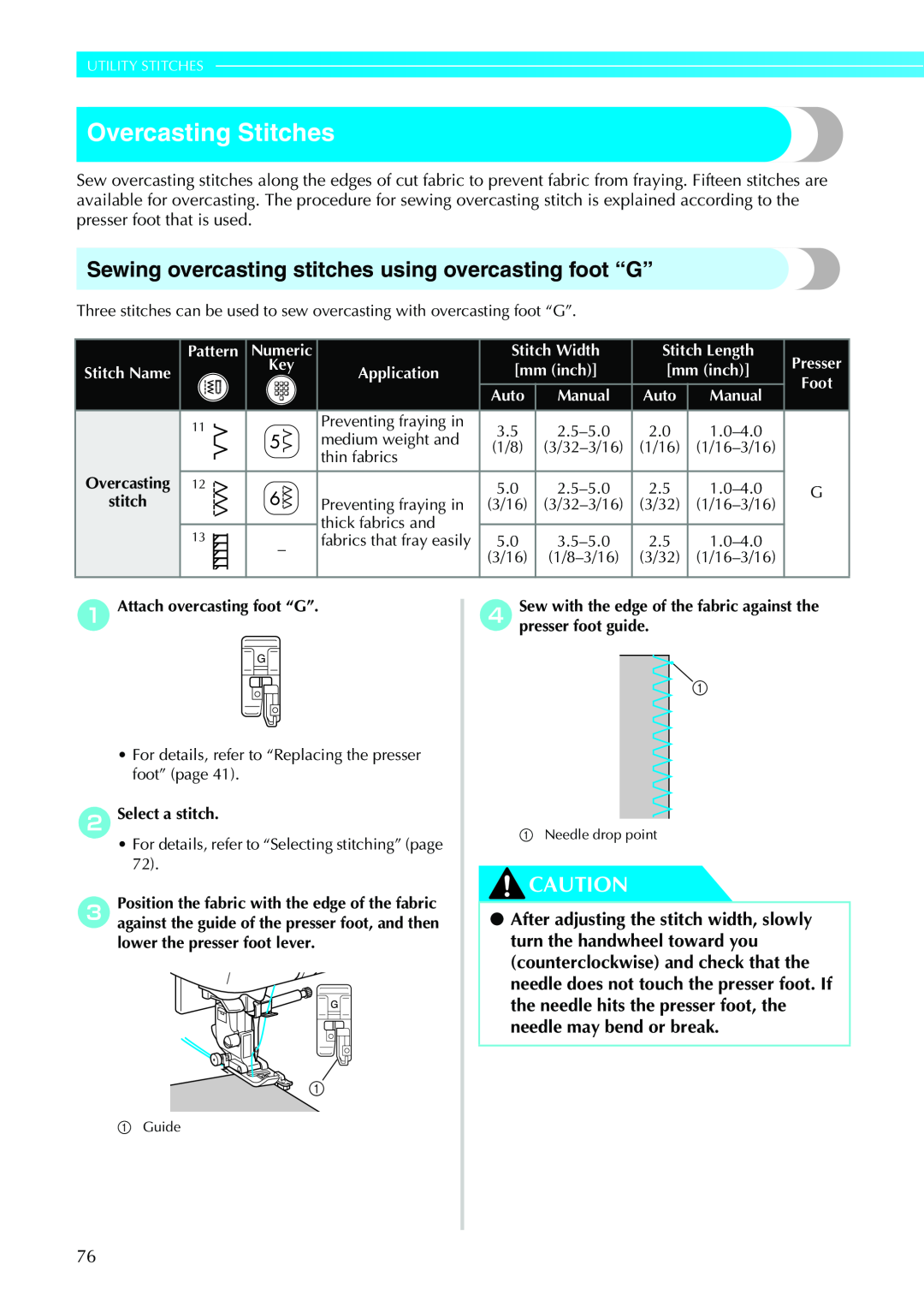 Brother N5V, NX-450 Overcasting Stitches, Sewing overcasting stitches using overcasting foot “G”, Utility Stitches 