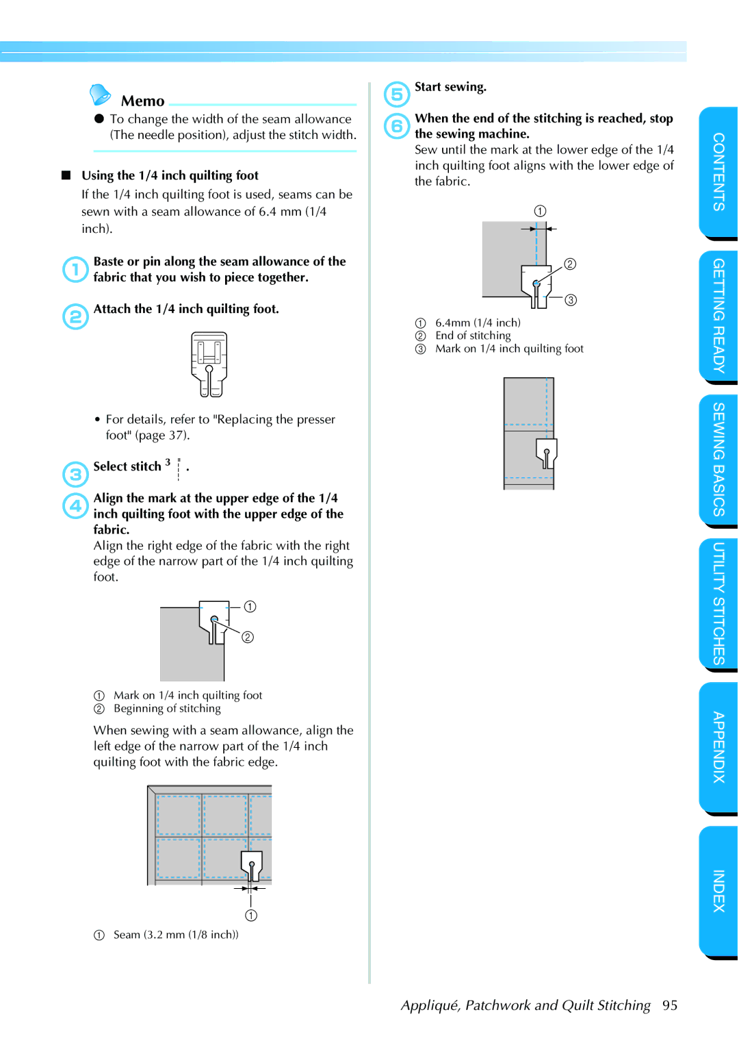 Brother NX 600 operation manual Using the 1/4 inch quilting foot 