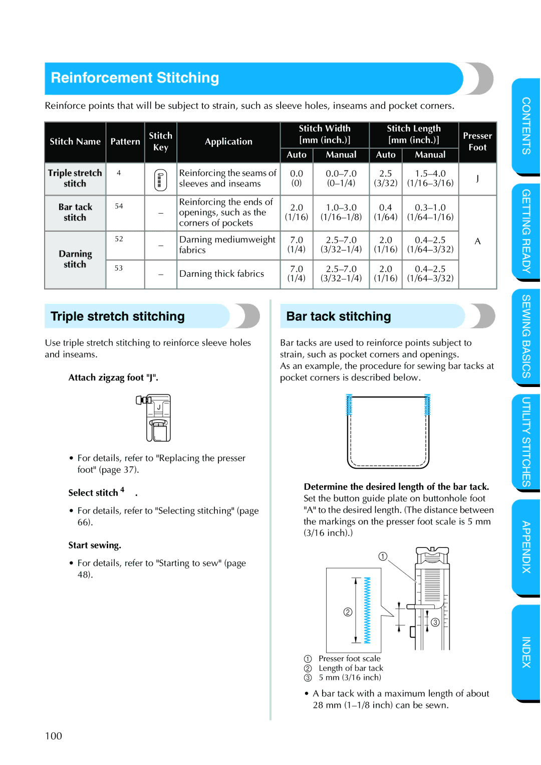 Brother NX 600 operation manual Reinforcement Stitching, Triple stretch stitching, Bar tack stitching 