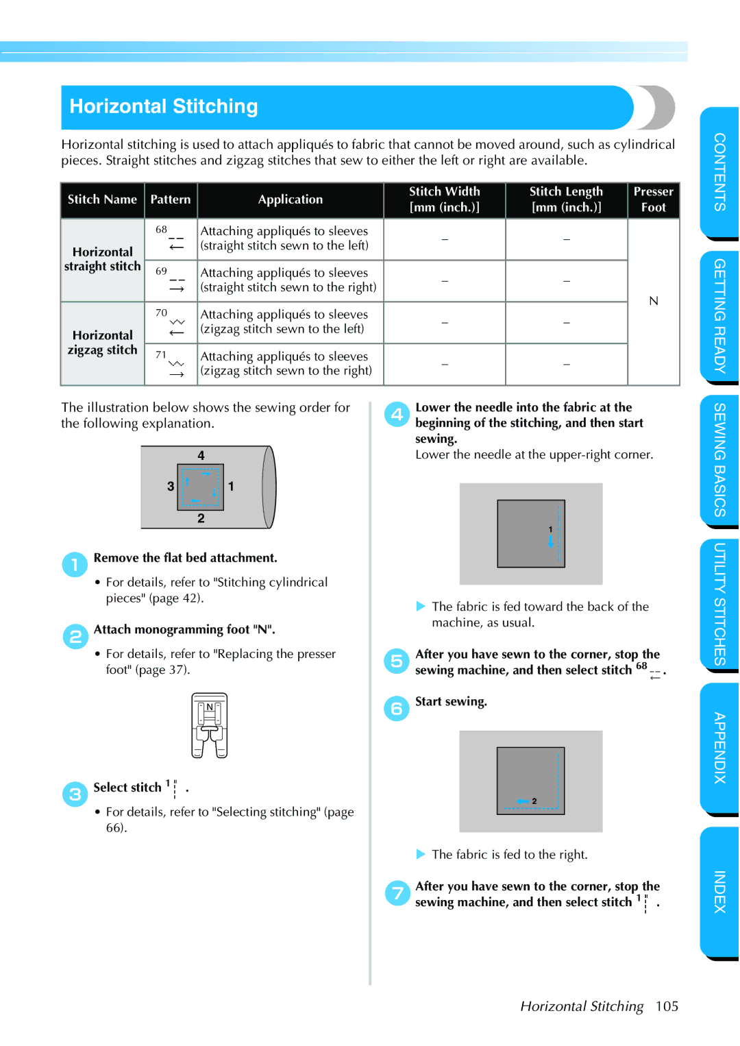 Brother NX 600 operation manual Horizontal Stitching, ARemove the flat bed attachment, BAttach monogramming foot N 