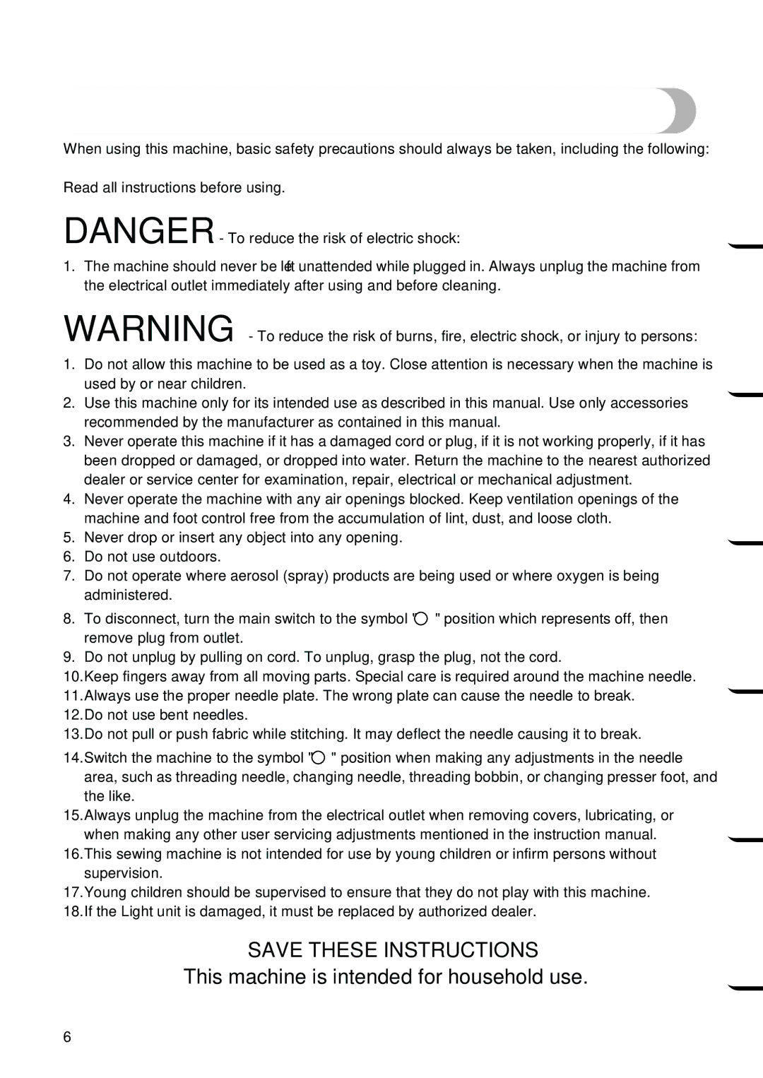 Brother NX 600 operation manual Important Safety Instructions 