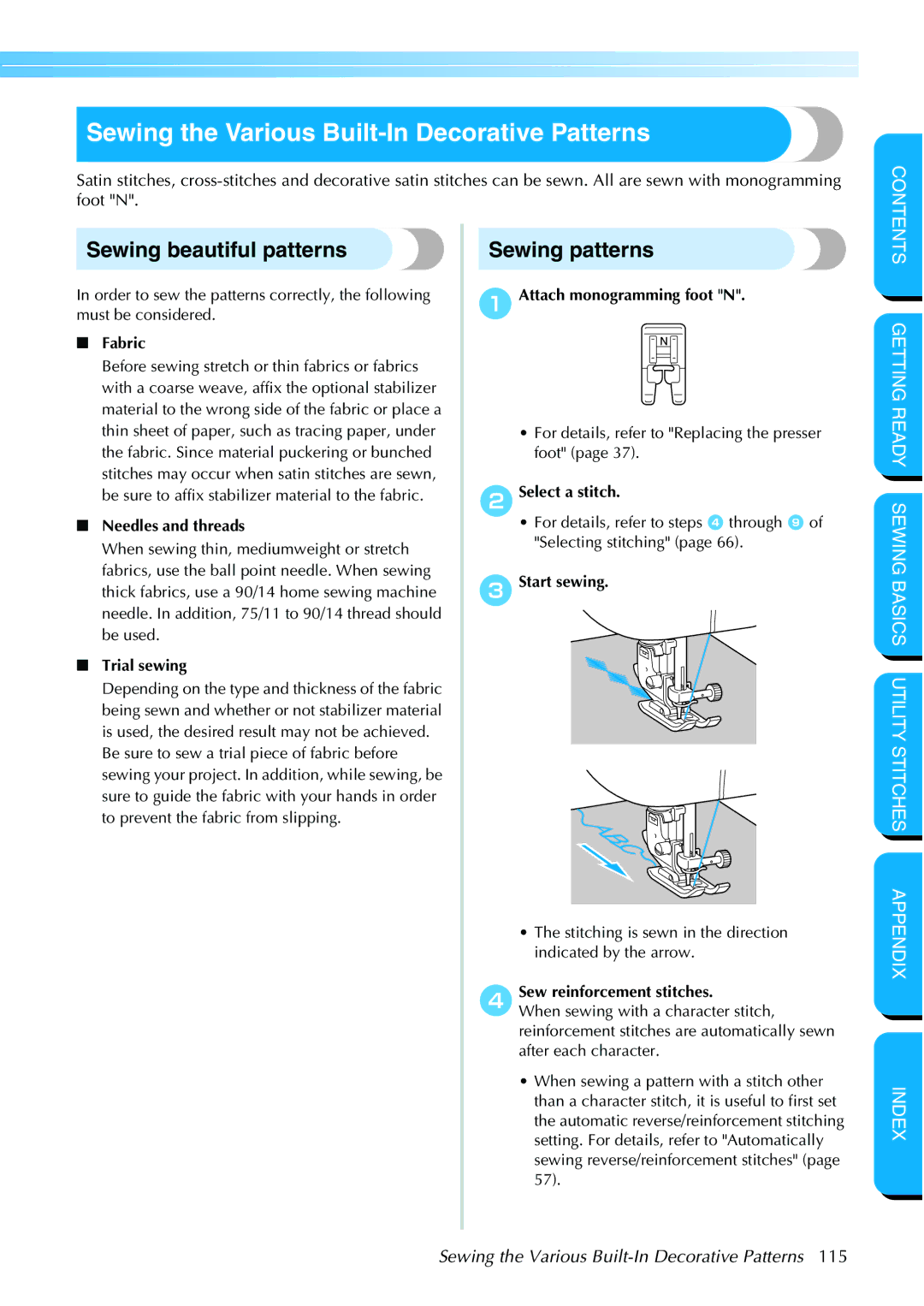 Brother NX 600 operation manual Sewing the Various Built-In Decorative Patterns, Sewing beautiful patterns, Sewing patterns 