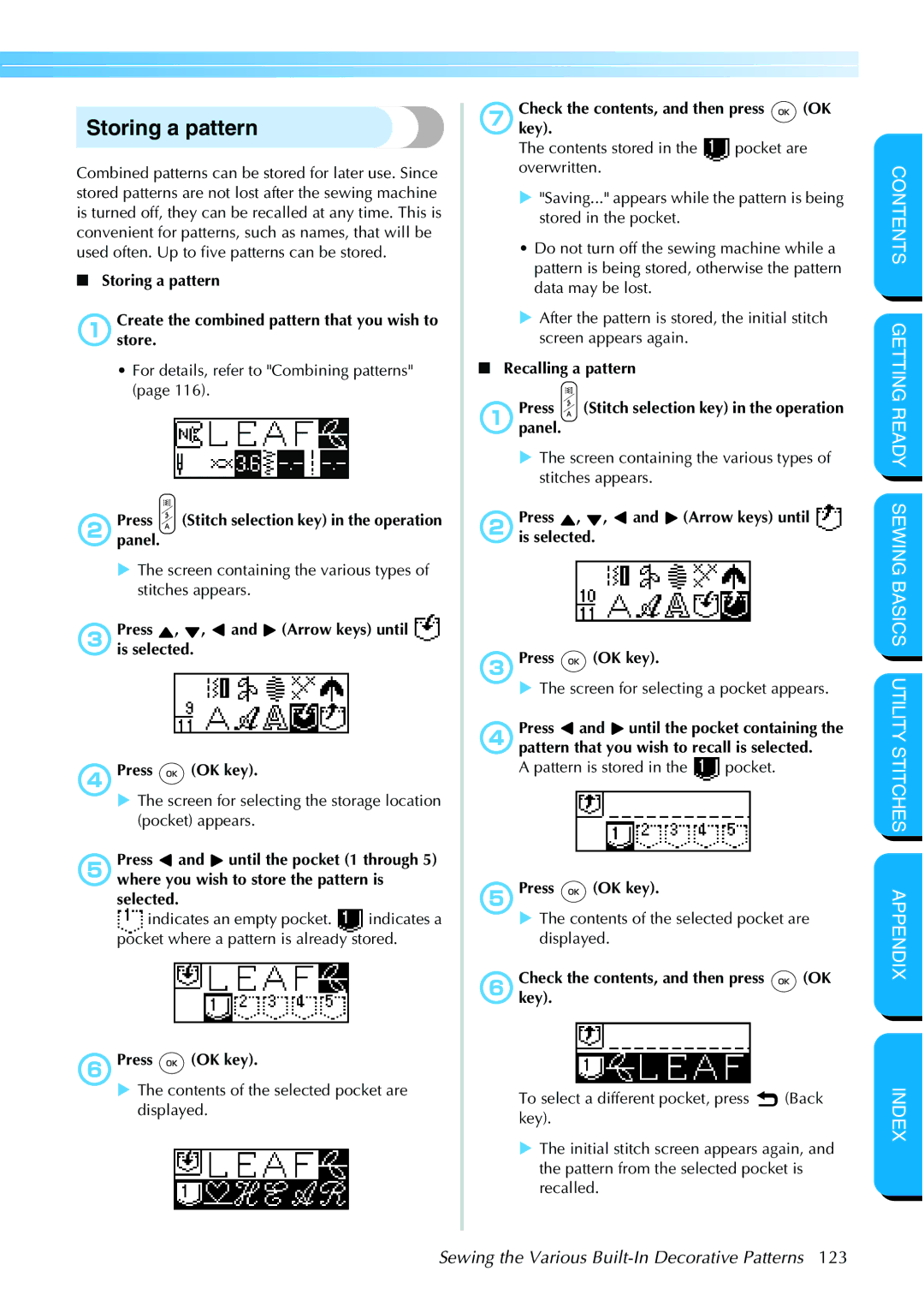 Brother NX 600 Storing a pattern, GCheckkey. the contents, and then press OK, FCheckkey. the contents, and then press OK 