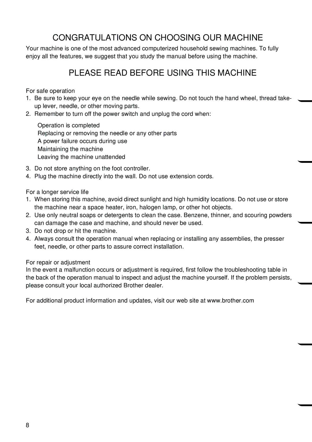 Brother NX 600 operation manual Congratulations on Choosing OUR Machine 