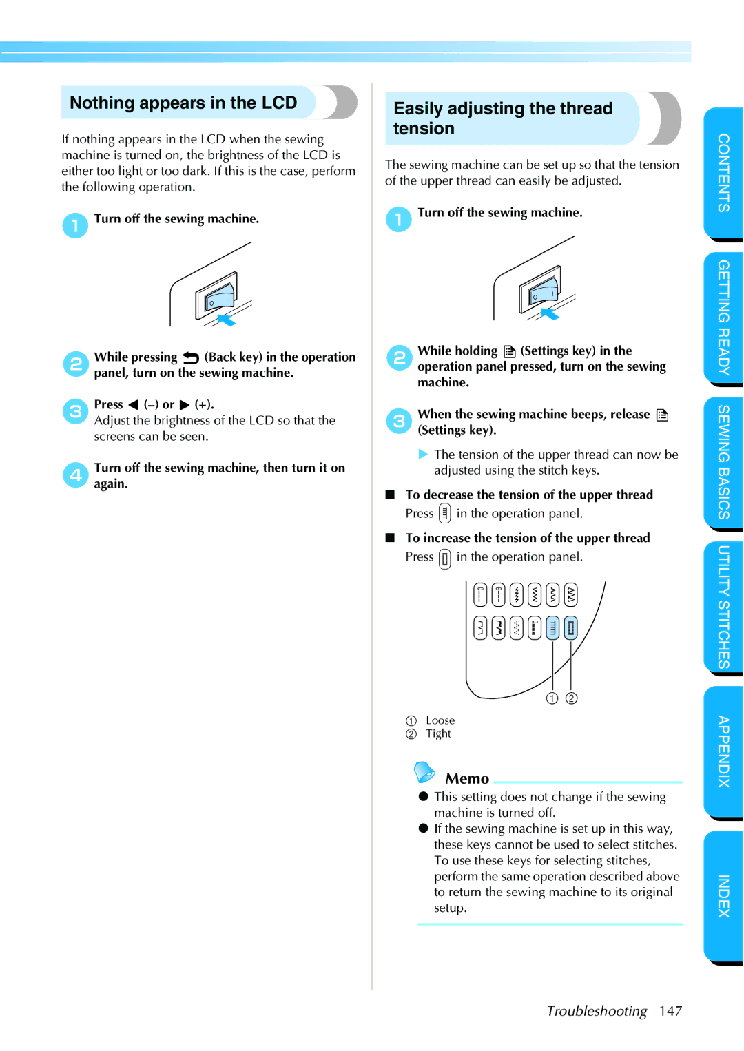 Brother NX 600 operation manual Nothing appears in the LCD, Easily adjusting the thread tension 
