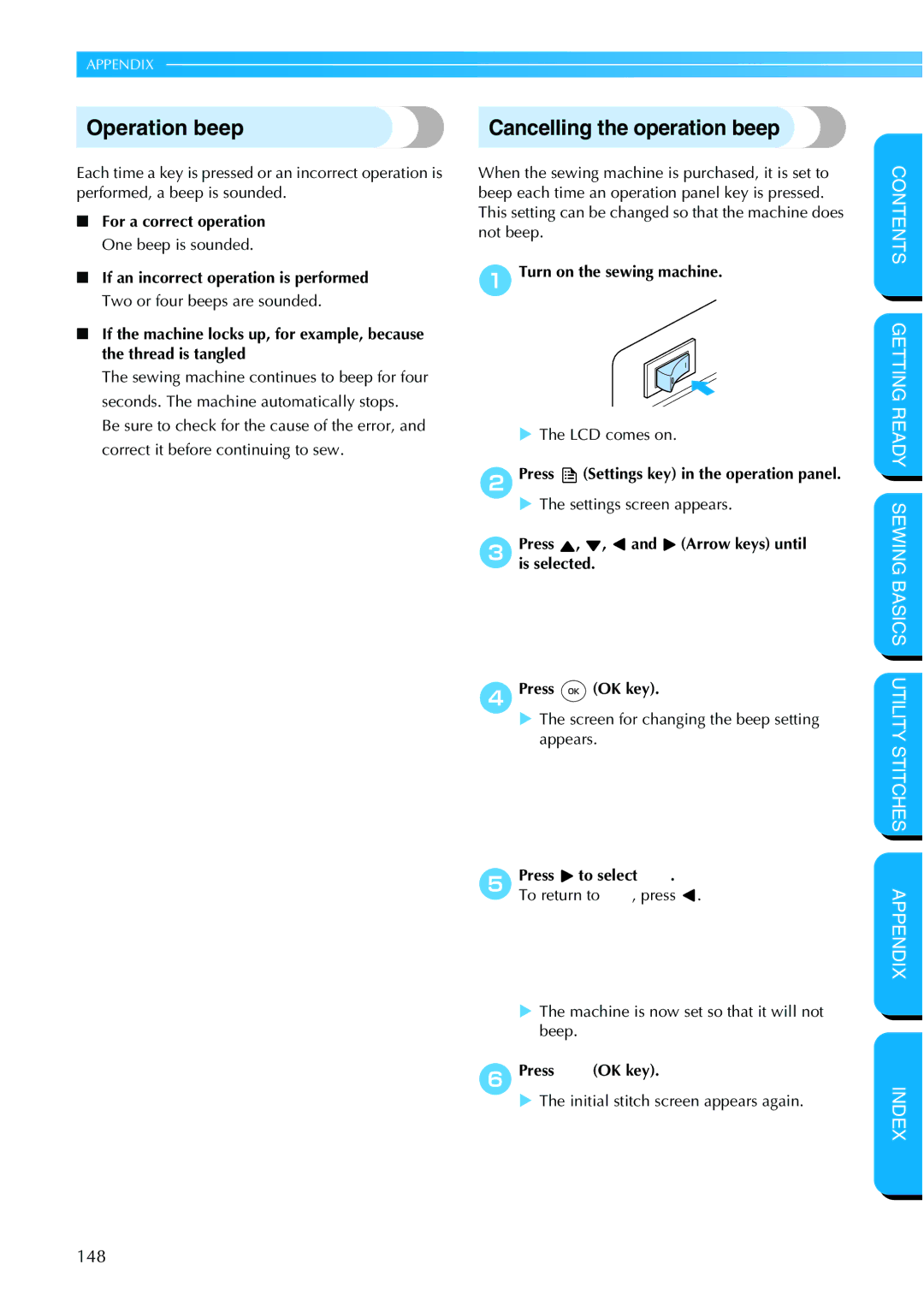 Brother NX 600 operation manual Operation beep, Cancelling the operation beep 