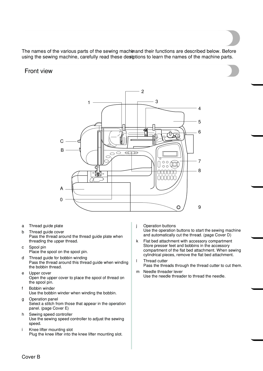 Brother NX 600 operation manual Names of Machine Parts and Their Functions, Front view 