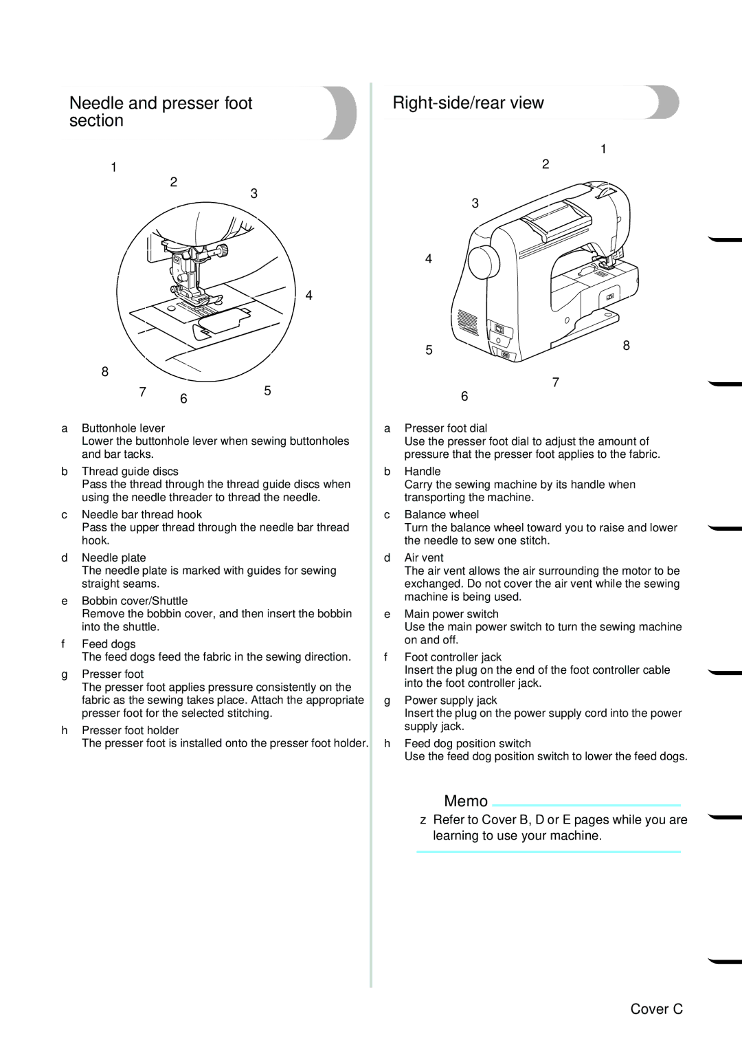 Brother NX 600 operation manual Needle and presser foot section, Right-side/rear view 