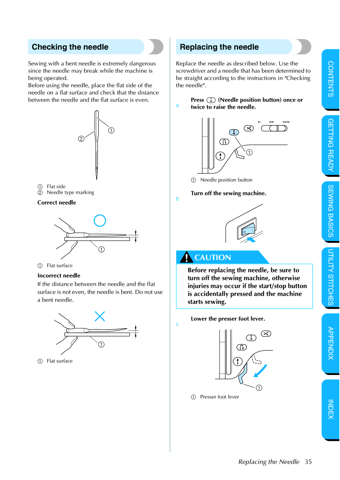 Brother NX 600 operation manual Checking the needle, Replacing the needle, Correct needle, Incorrect needle 