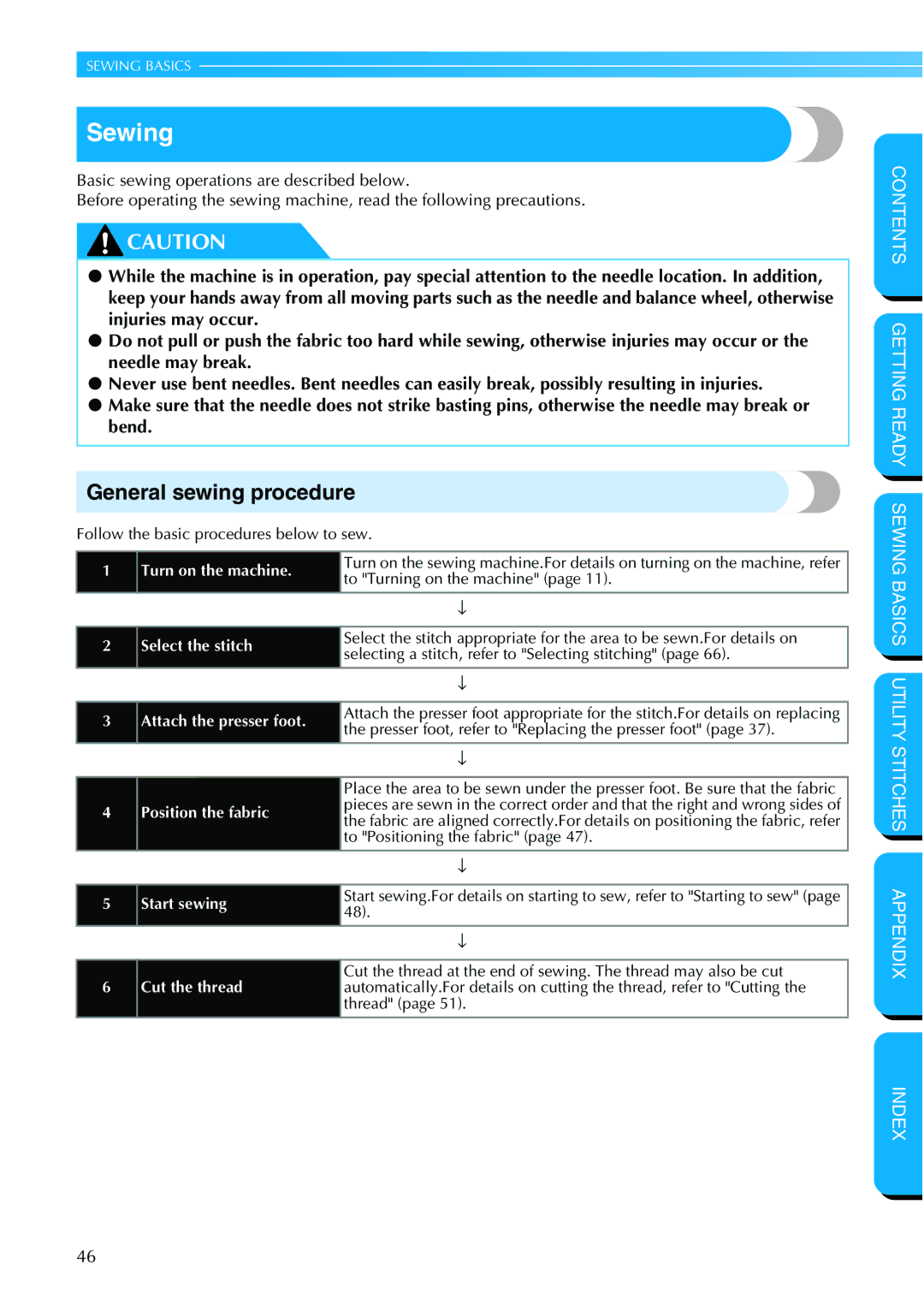 Brother NX 600 operation manual Sewing, General sewing procedure 