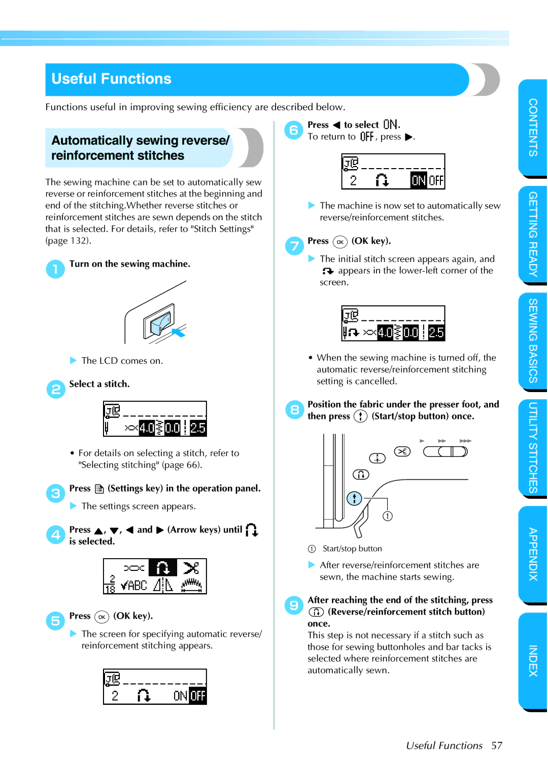 Brother NX 600 Useful Functions, Automatically sewing reverse/ reinforcement stitches, FPress to select, GPress OK key 