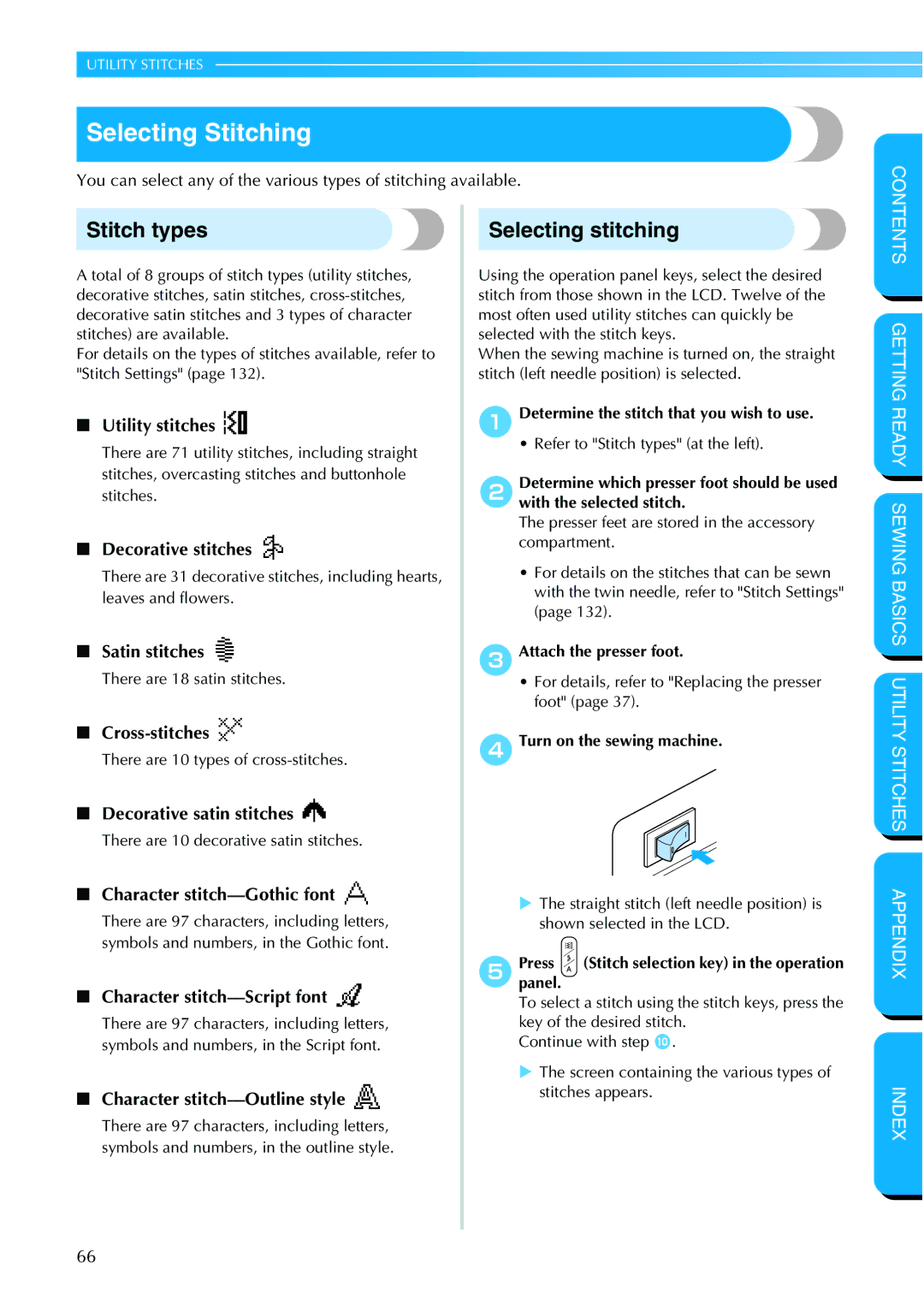 Brother NX 600 operation manual Selecting Stitching, Stitch types, Selecting stitching 