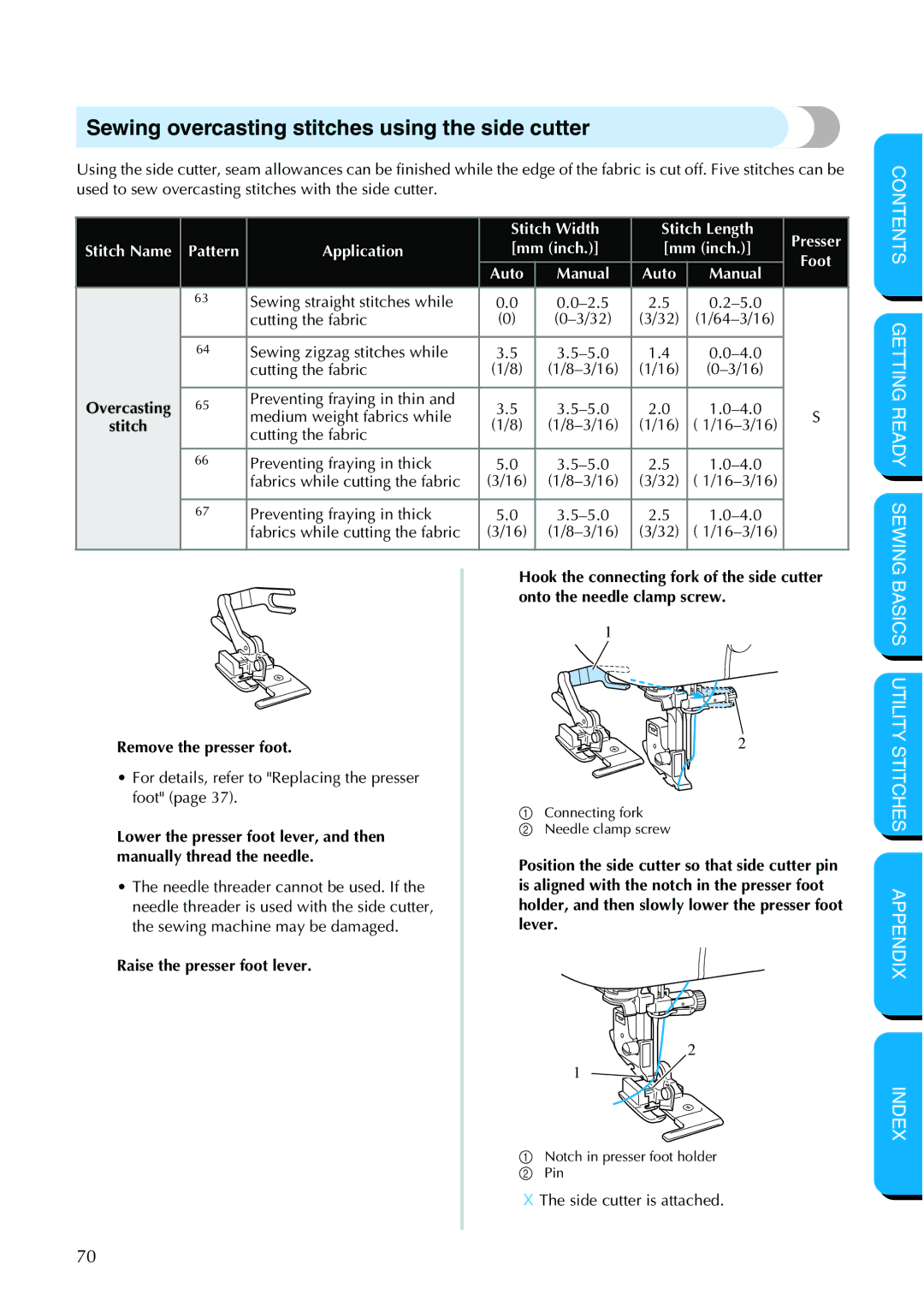 Brother NX 600 operation manual Sewing overcasting stitches using the side cutter, Contents Getting Ready Sewing 