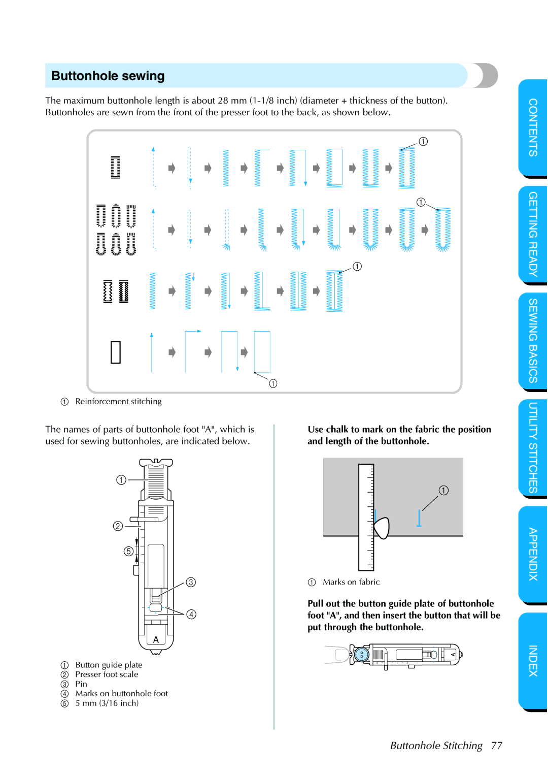 Brother NX 600 operation manual Buttonhole sewing, Buttonhole Stitching 