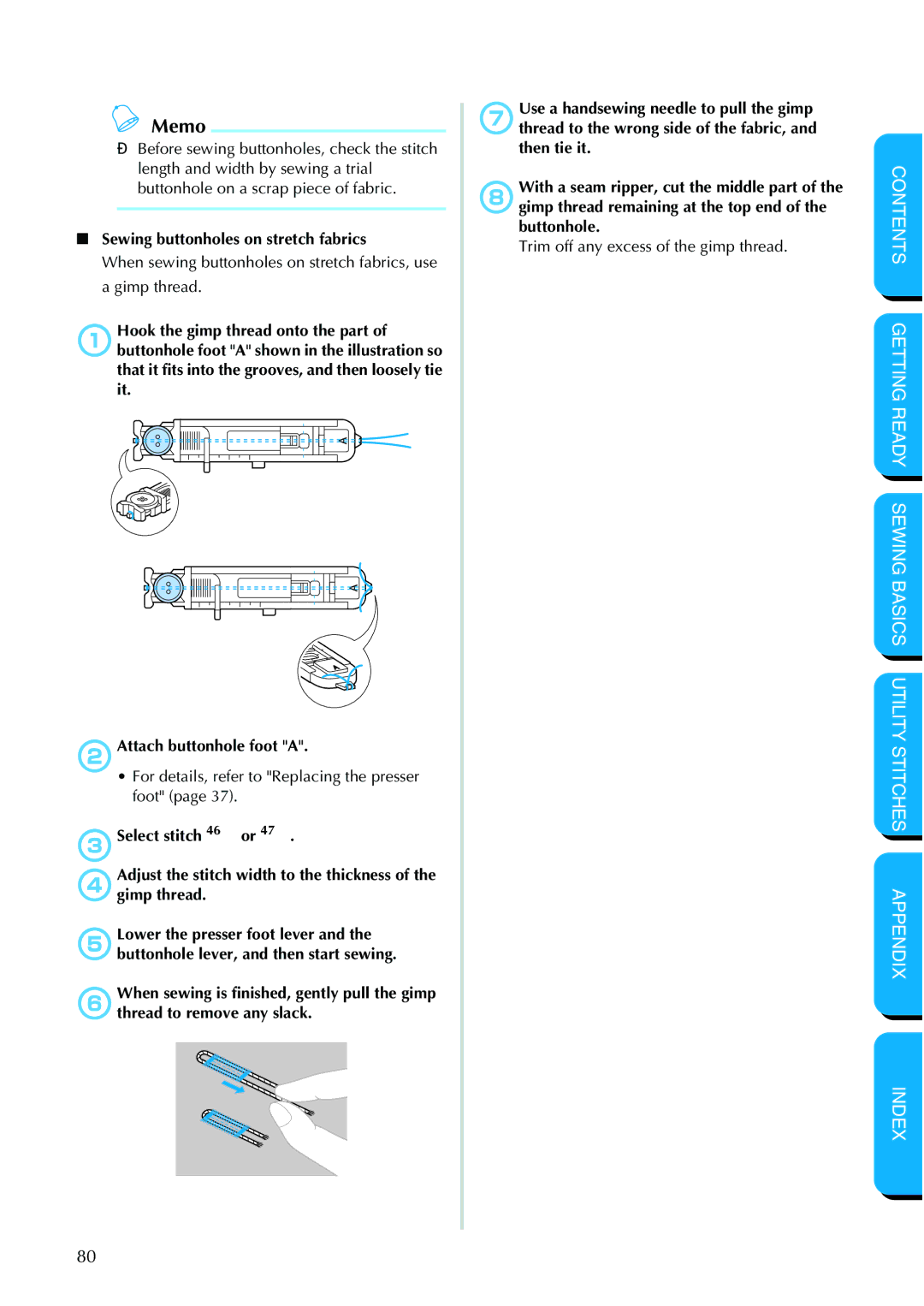 Brother NX 600 operation manual Sewing buttonholes on stretch fabrics 