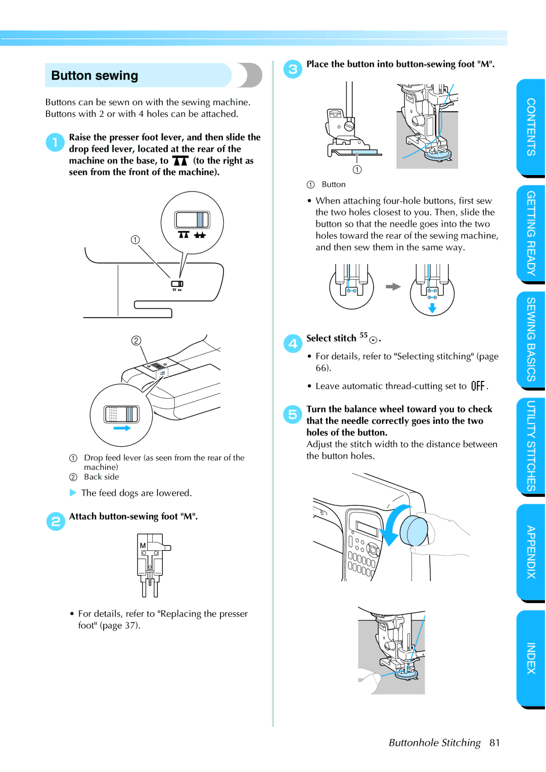 Brother NX 600 operation manual Button sewing, Select stitch 