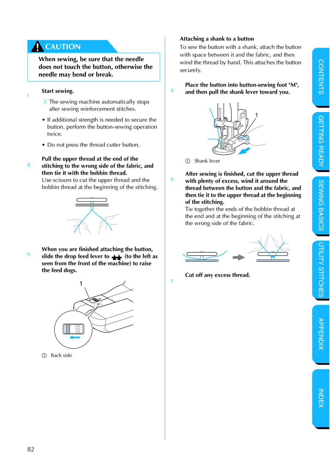 Brother NX 600 operation manual Attaching a shank to a button, CCut off any excess thread 