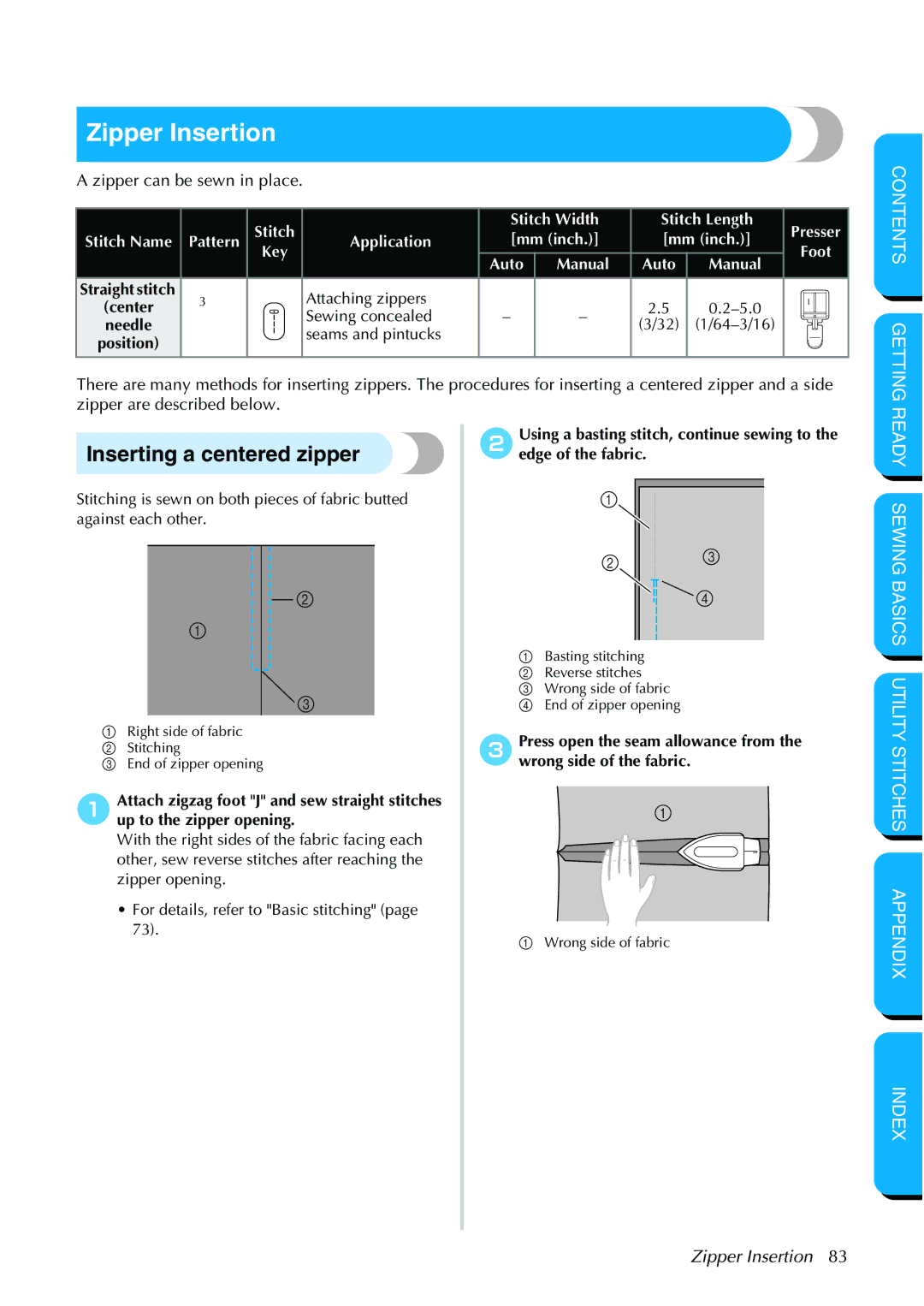 Brother NX 600 operation manual Zipper Insertion, Inserting a centered zipper 