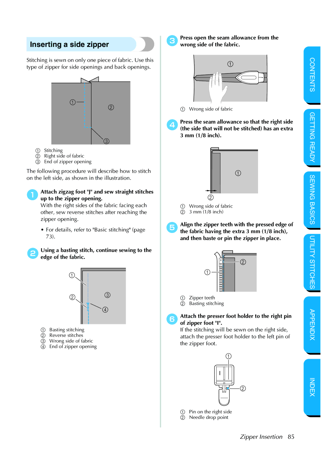 Brother NX 600 operation manual Inserting a side zipper, Wrong side of fabric Mm 1/8 inch 