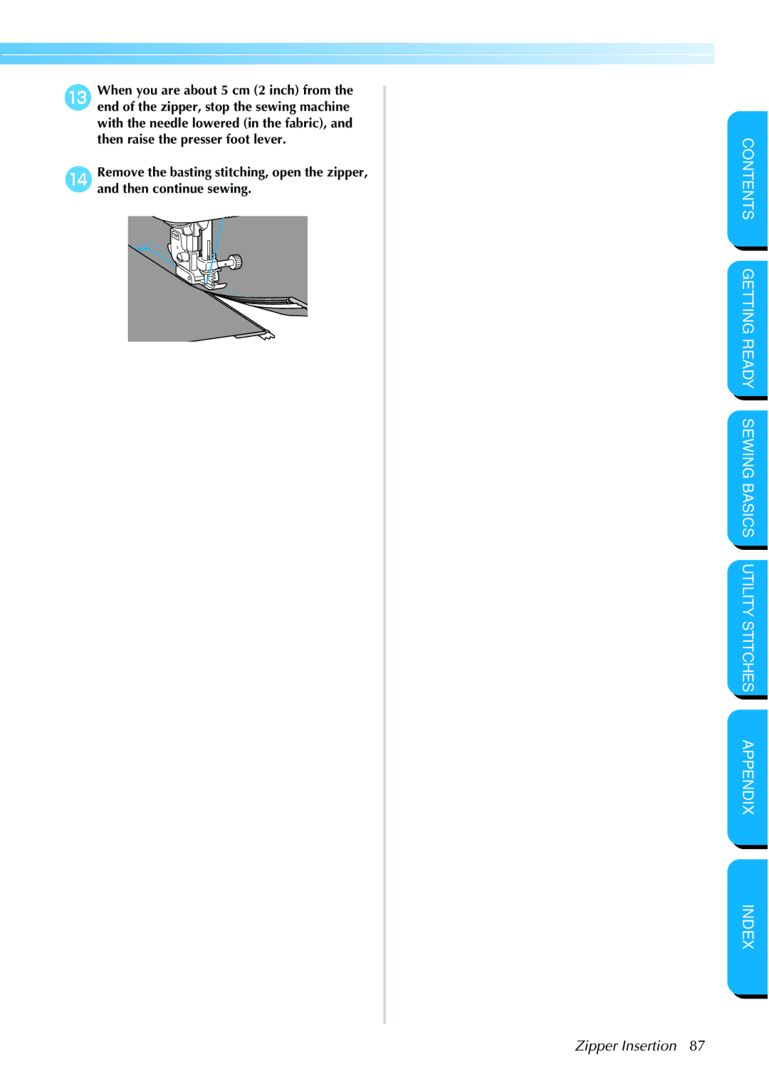 Brother NX 600 operation manual Zipper Insertion 